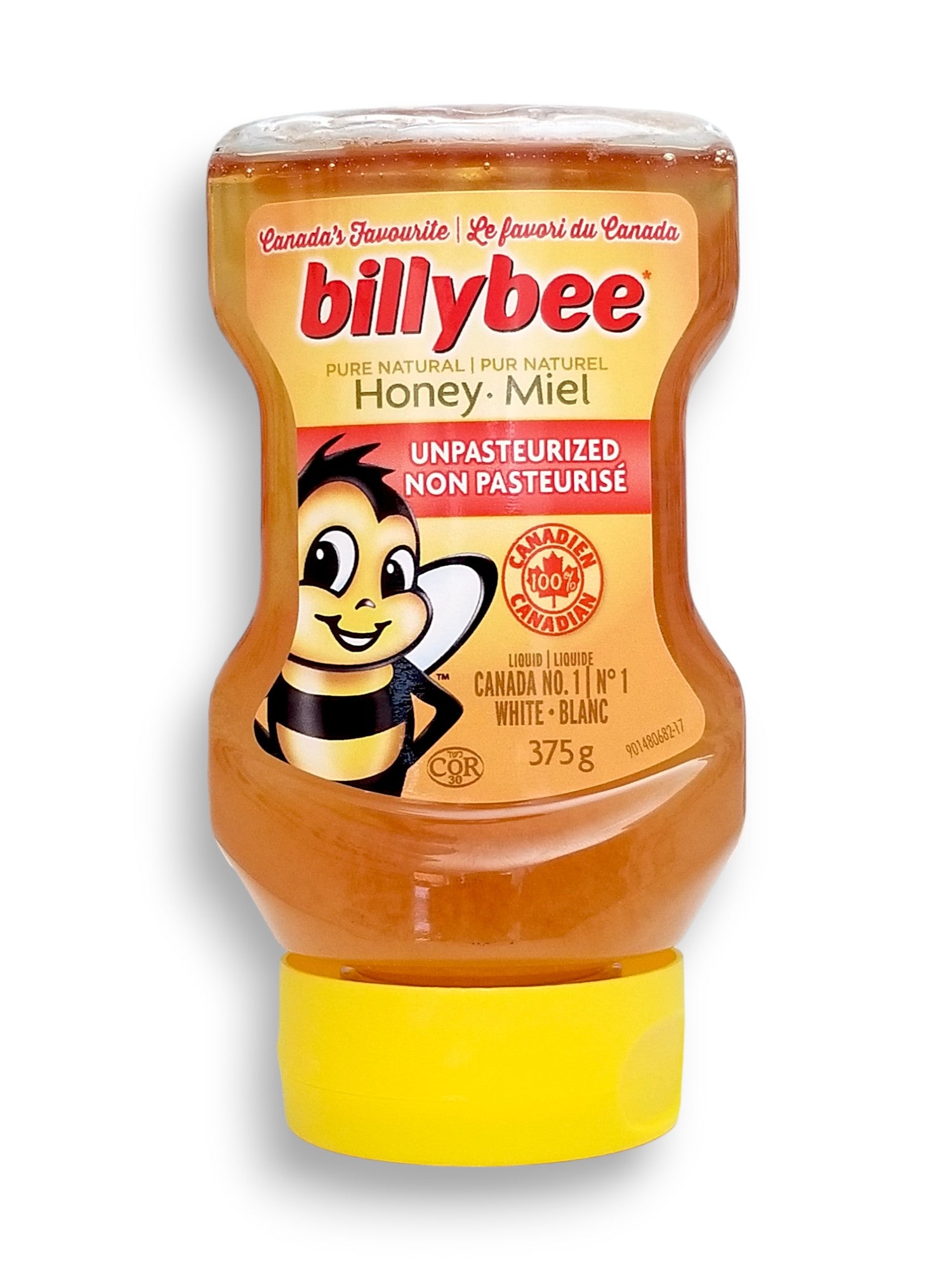 Billy Bee Pure Natural Unpasteurized Liquid Honey, 375g/13.2 oz., Squeeze Bottle, front of bottle.