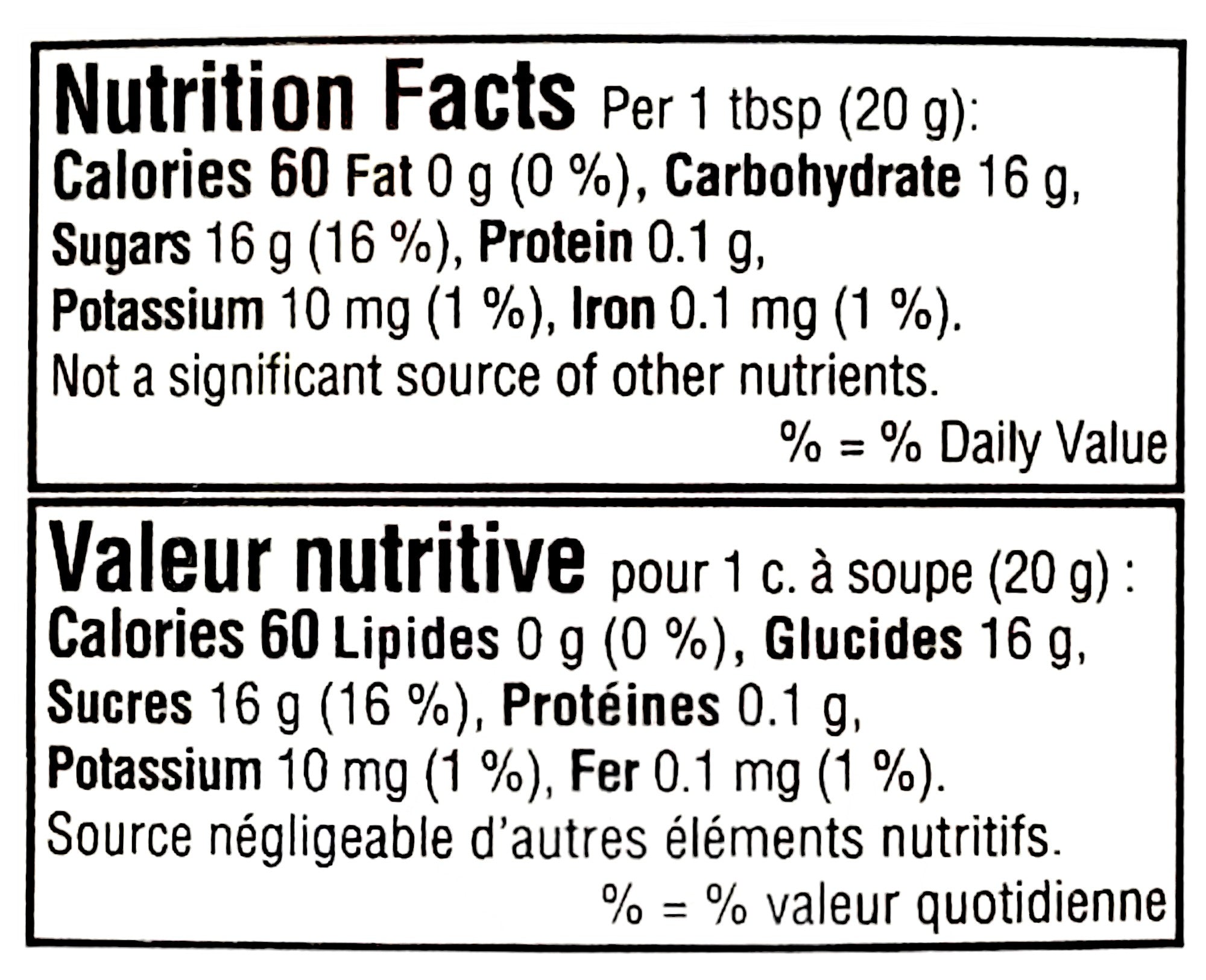 Billy Bee Pure Natural Unpasteurized Liquid Honey, 375g/13.2 oz., Squeeze Bottle, nutrition facts label.