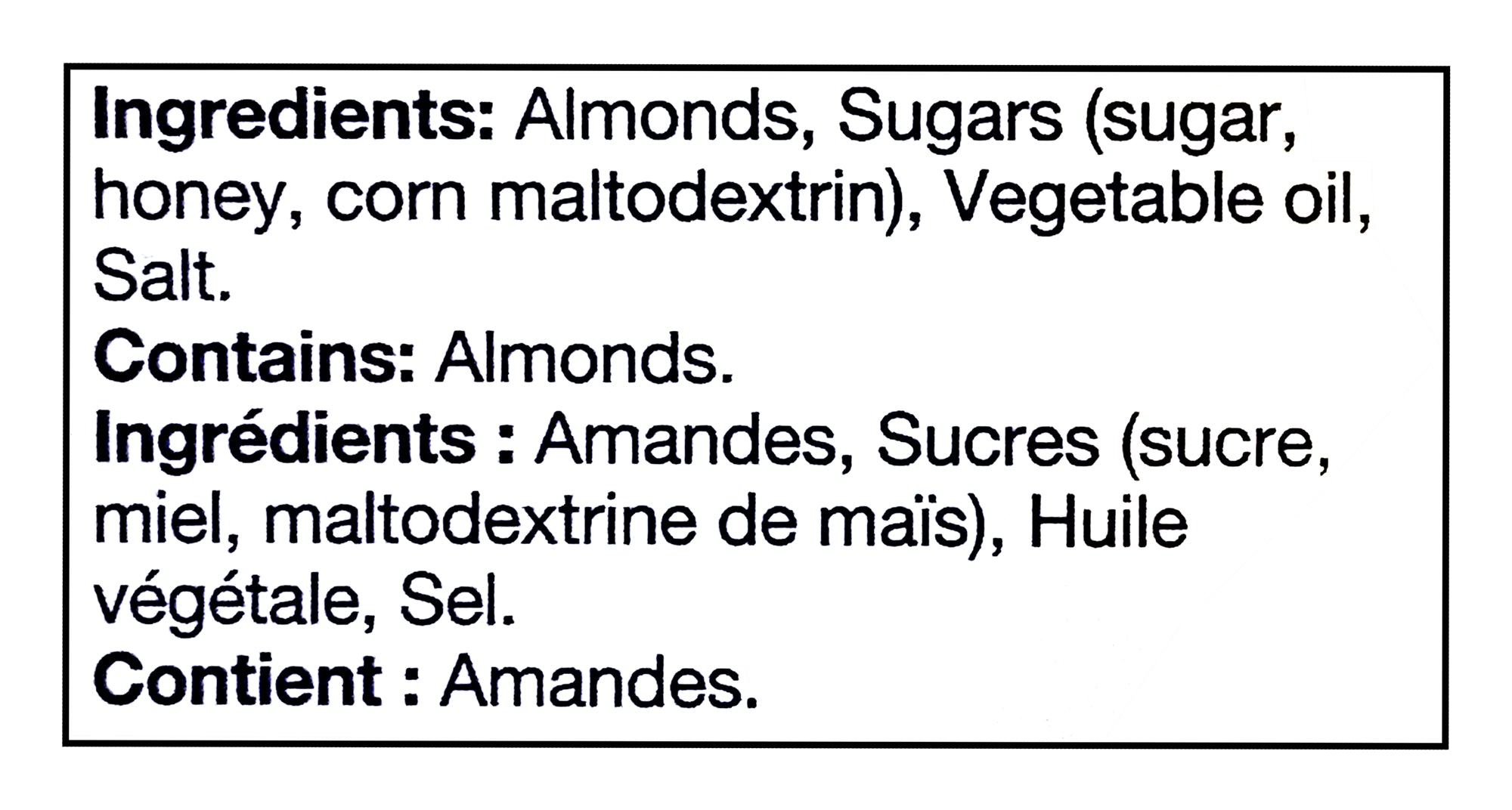 Ingredients list for Blue Diamond Honey Roasted Almonds, Premium Snack - 310g with almond, sugar, and vegetable oil on a white background