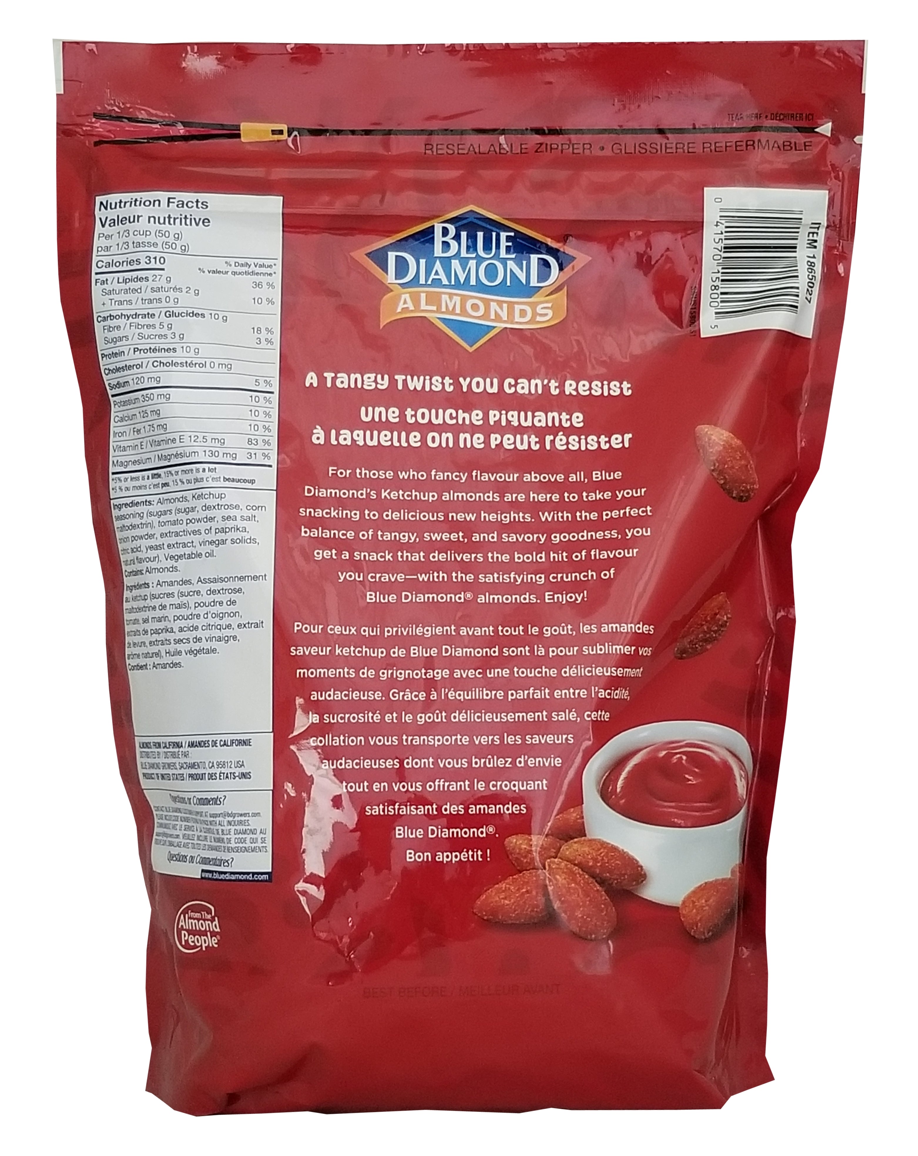 Blue Diamond Ketchup Flavored Almonds, 1.1kg/38.8 oz, Back - Red package of Blue Diamond Almonds with text and branding