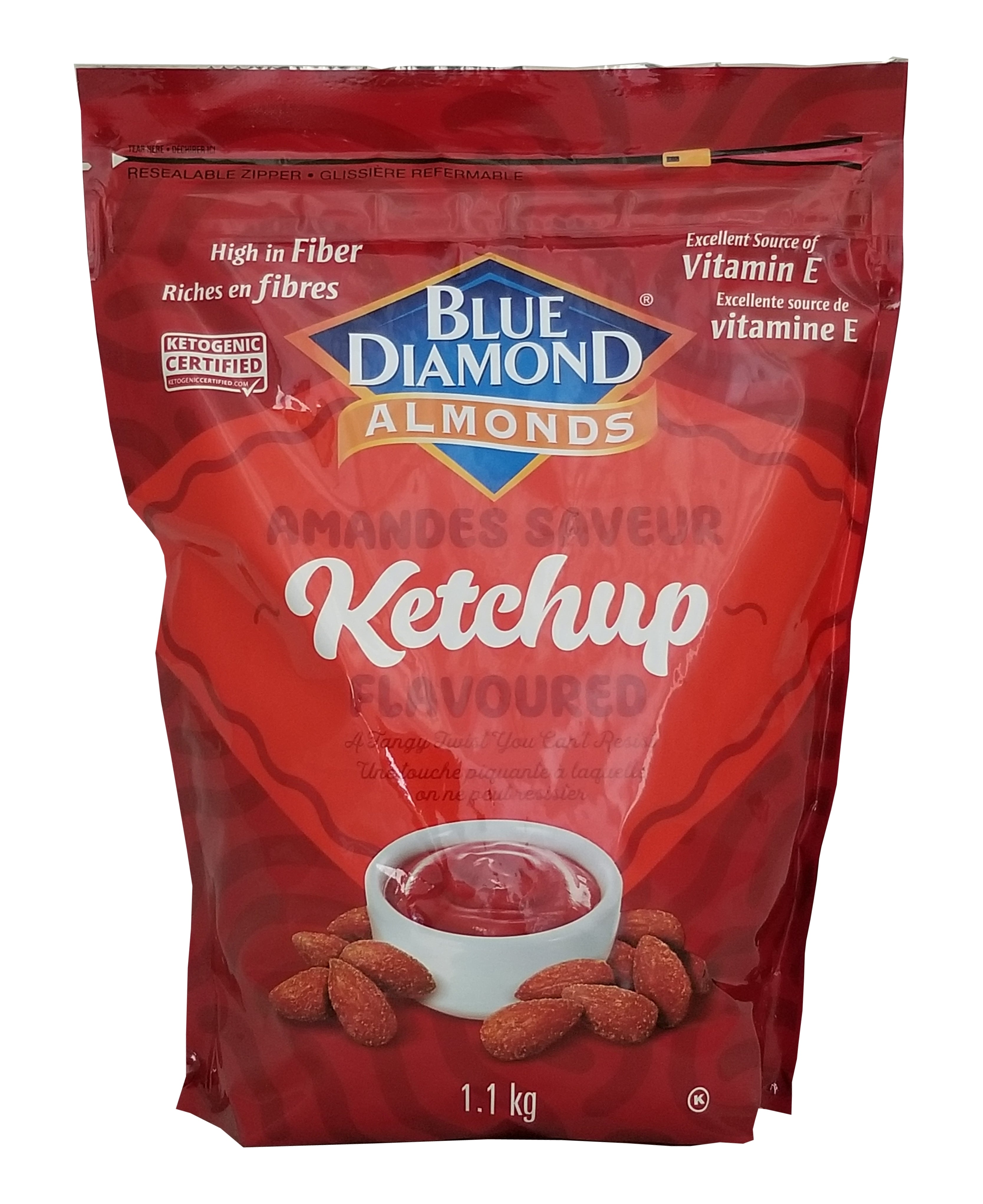 Blue Diamond Ketchup Flavored Almonds, 1.1kg/38.8 oz, Front - Red bag of Blue Diamond Ketchup Almonds on a white background