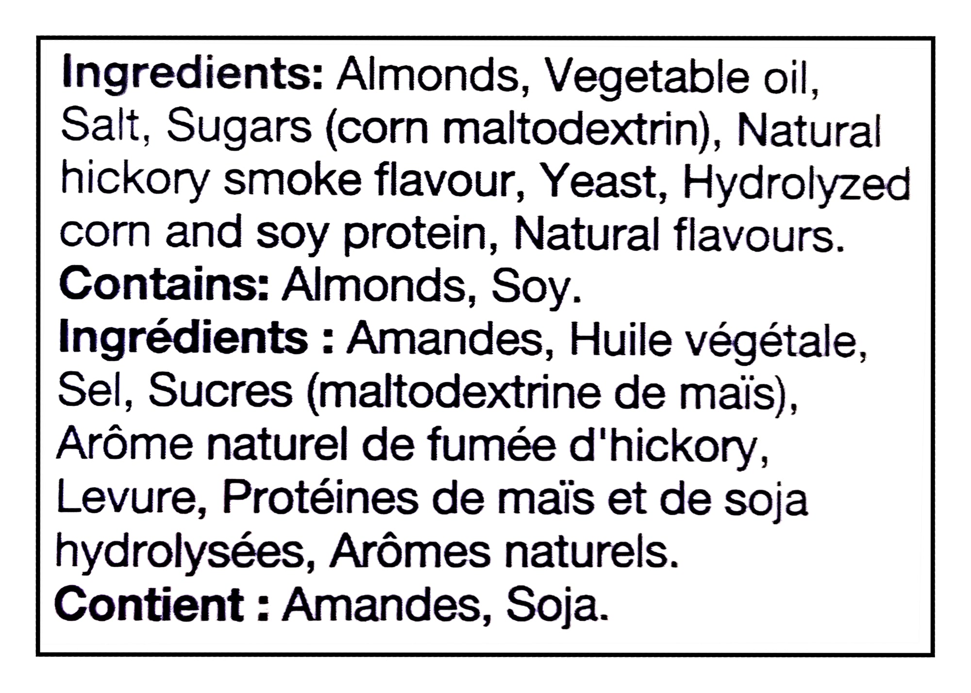 List of ingredients and allergens for Blue Diamond Smokehouse Almonds - 310g package on a white background.