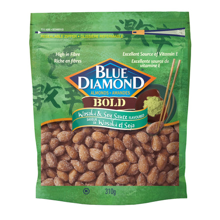Green package of Blue Diamond Bold Wasabi & Soy Sauce Flavored almonds on a white background