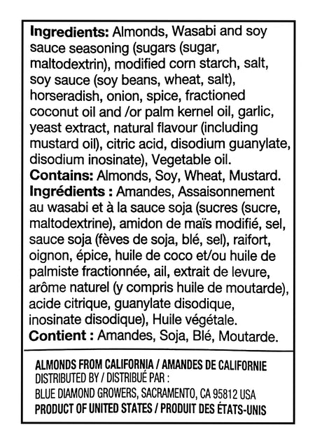 Ingredients list for Blue Diamond BOLD Wasabi & Soy Sauce Almonds with detailed ingredient breakdown and sourcing information.
