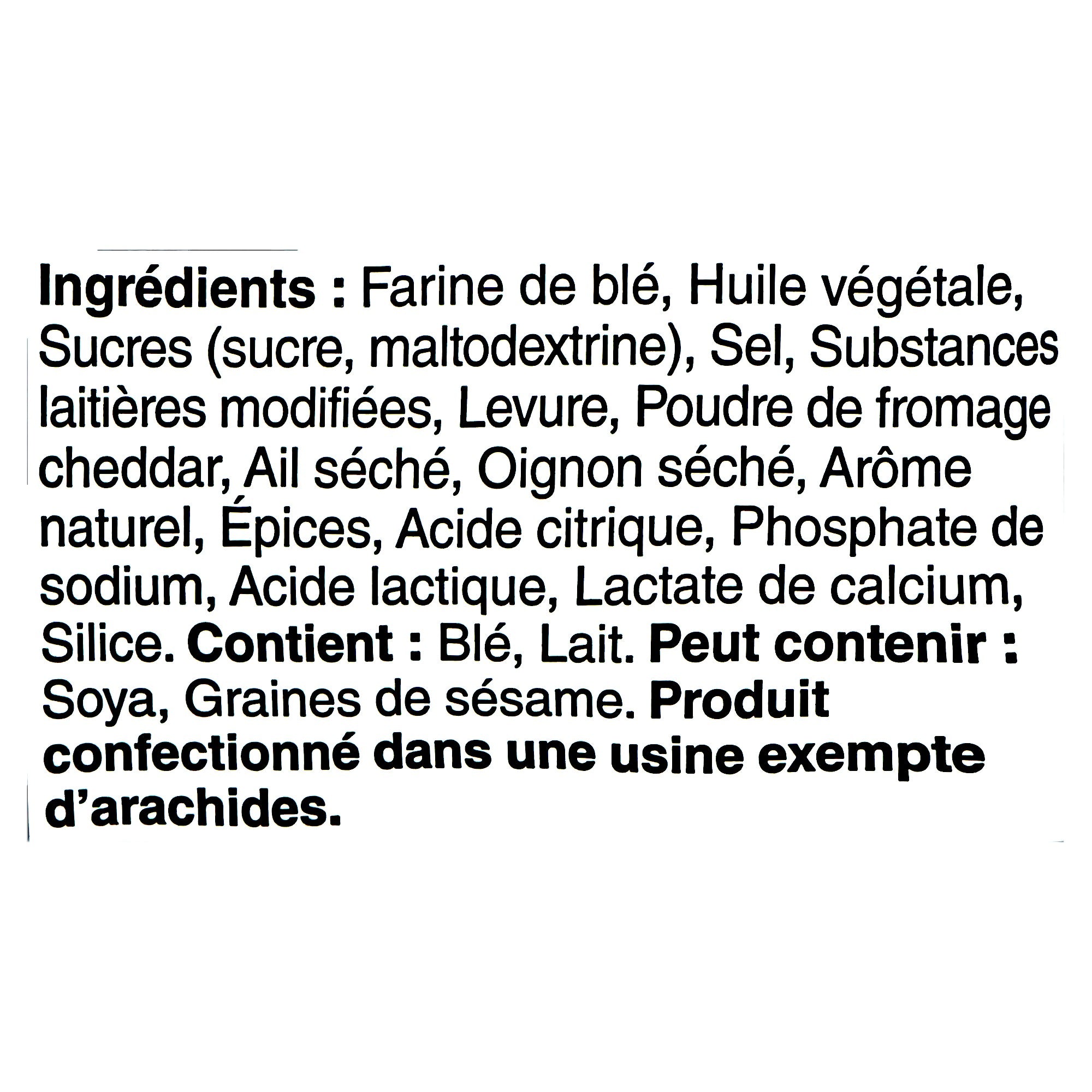 Boulangerie Grissol Baguettes, Aged Cheddar, 120g, ingredients label in French.