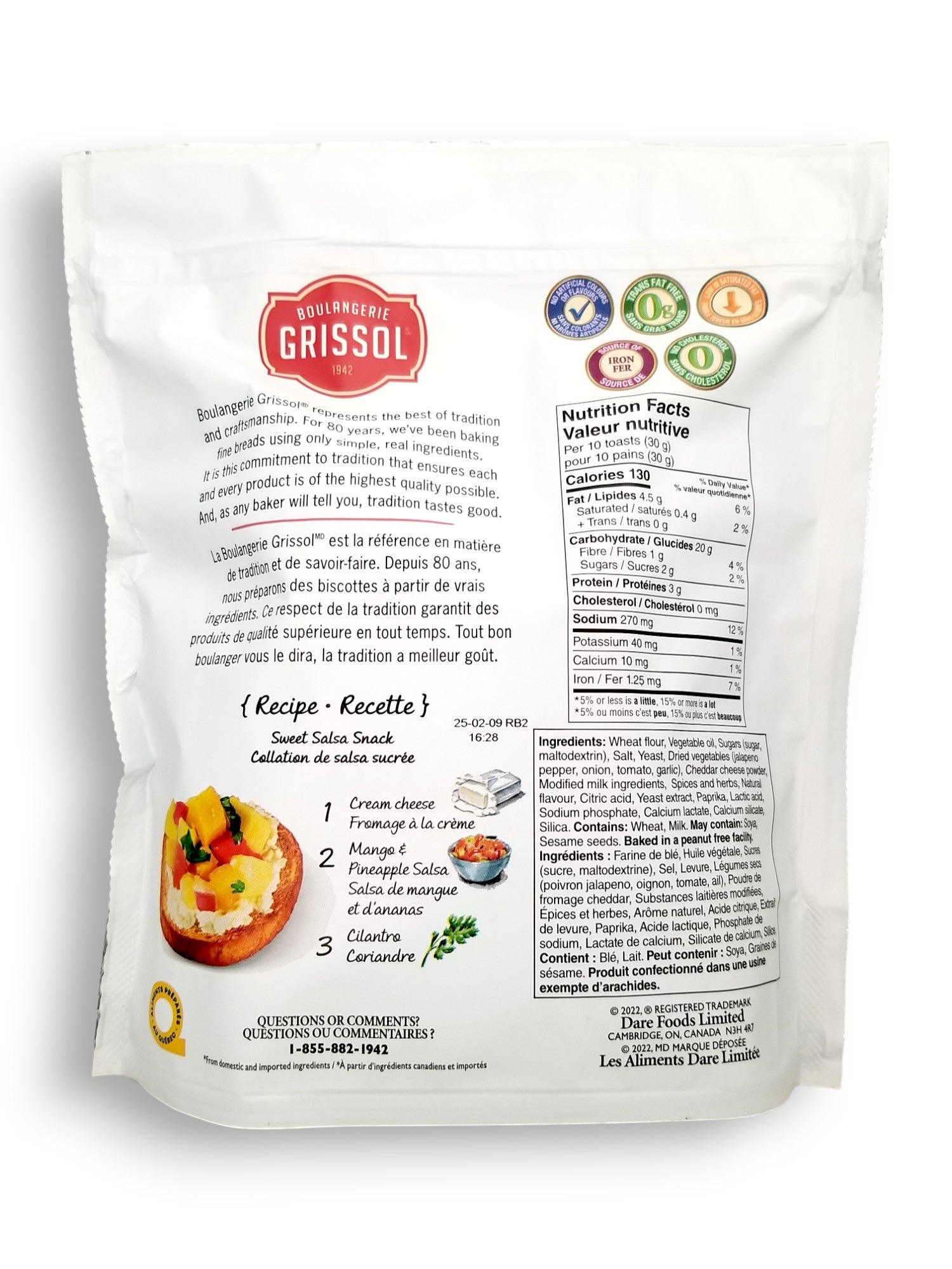 Boulangerie Grissol Baguettes, Jalapeno, 120g, back of bag.