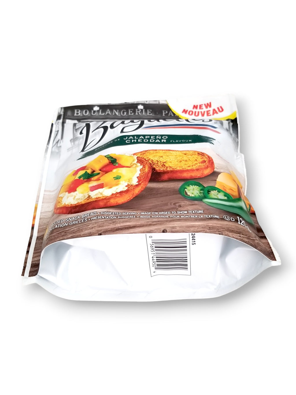 Boulangerie Grissol Baguettes, Jalapeno, 120g, bottom of bag with UPC.