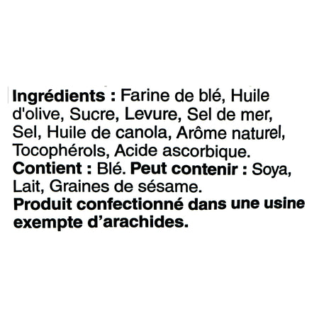 Boulangerie Grissol Baguettes, Olive Oil & Sea Salt, 120g, ingredients label in French.