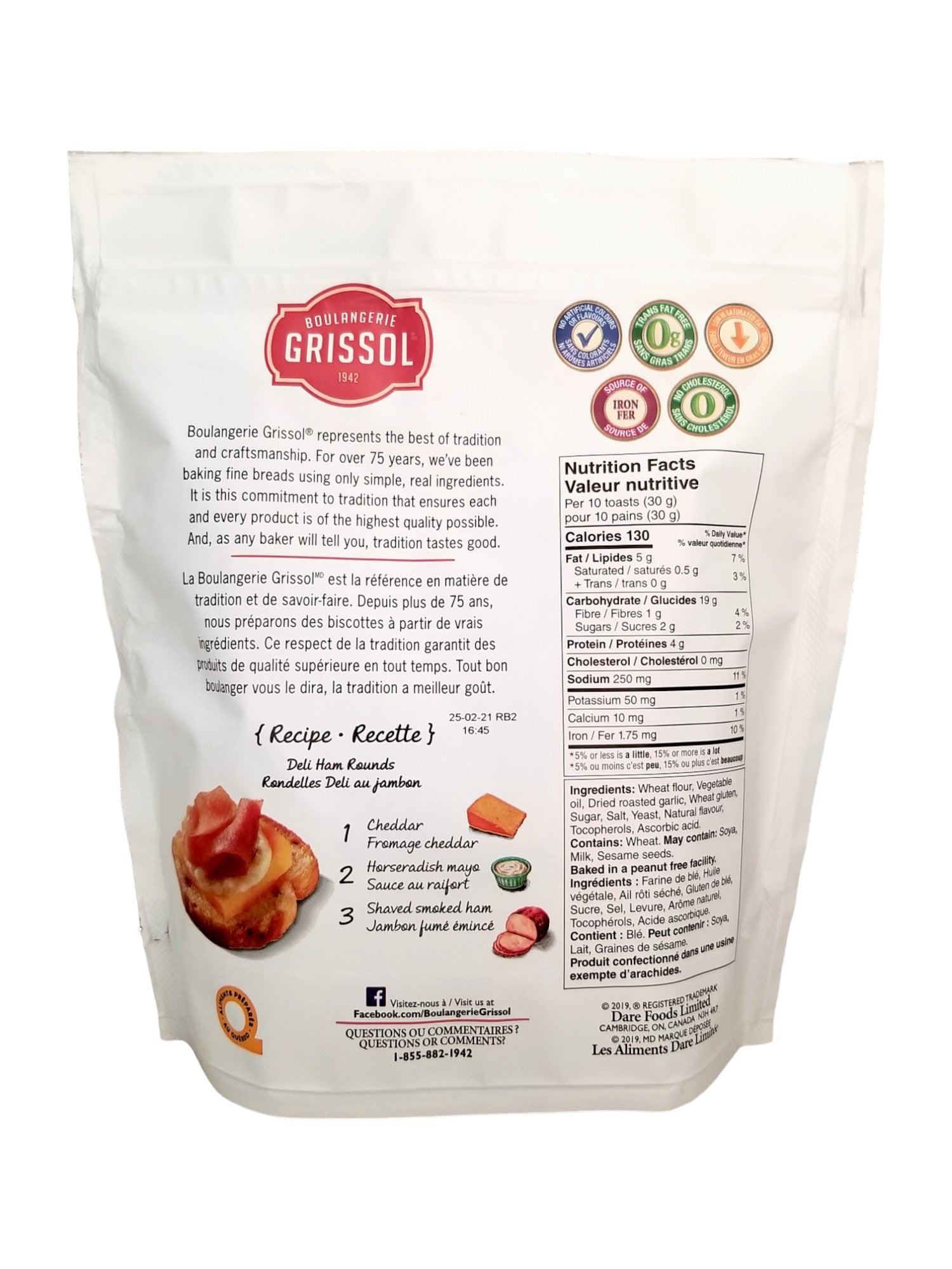 Boulangerie Grissol Baguettes, Roasted Garlic, 120g, back of bag.