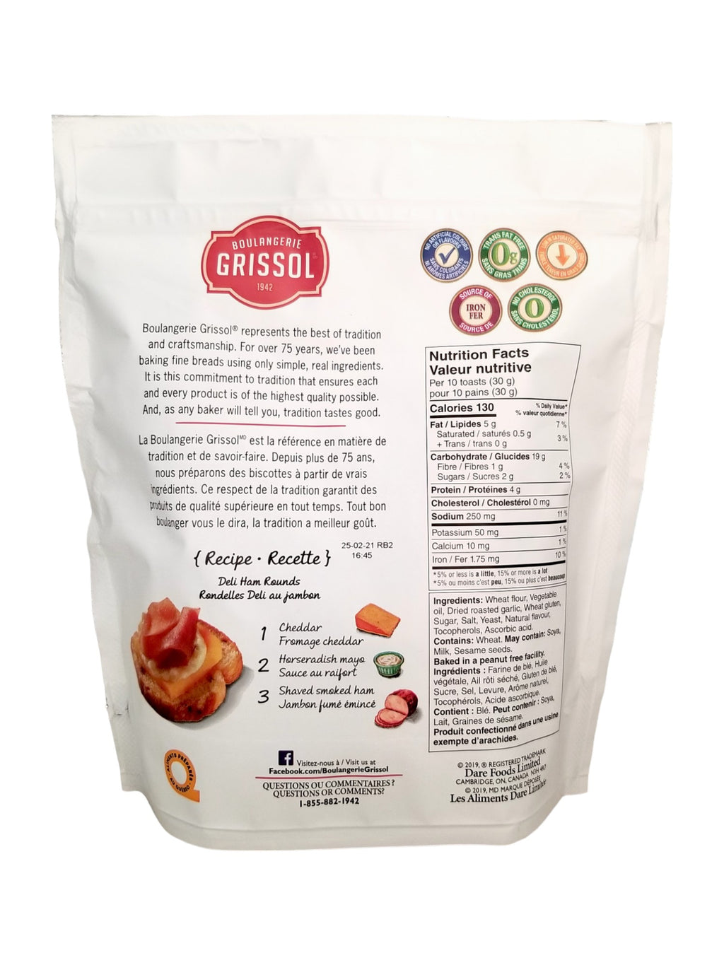 Boulangerie Grissol Baguettes, Roasted Garlic, 120g, back of bag.