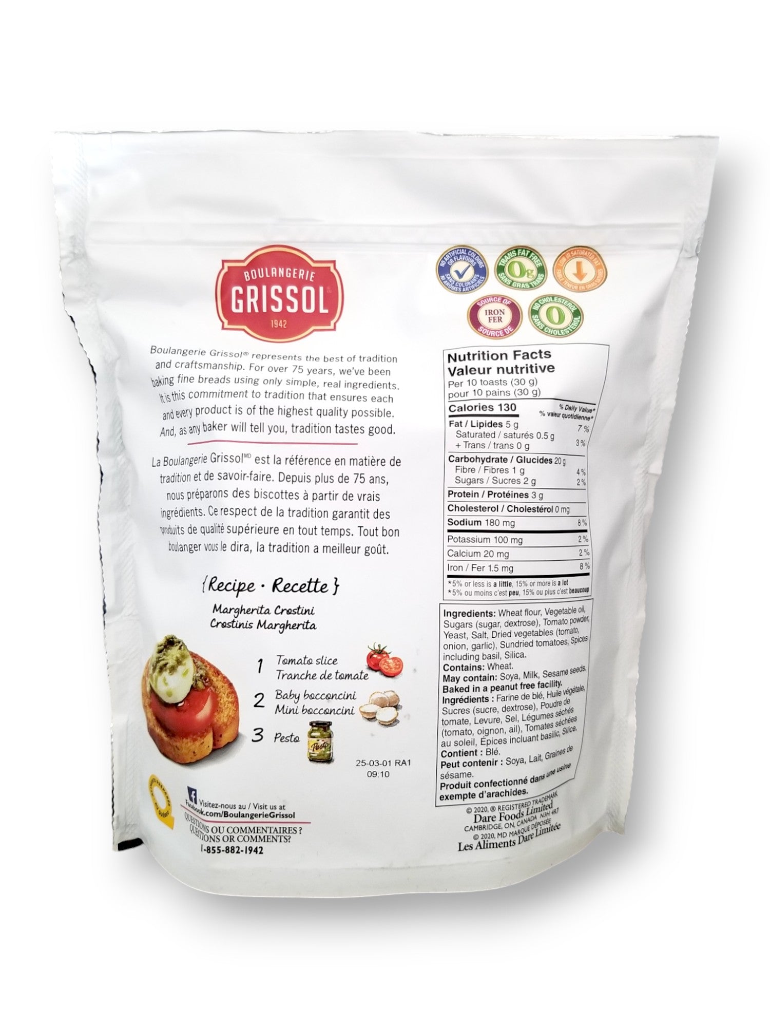 Boulangerie Grissol Baguettes, Tomato & Basil, 120g, back of bag.