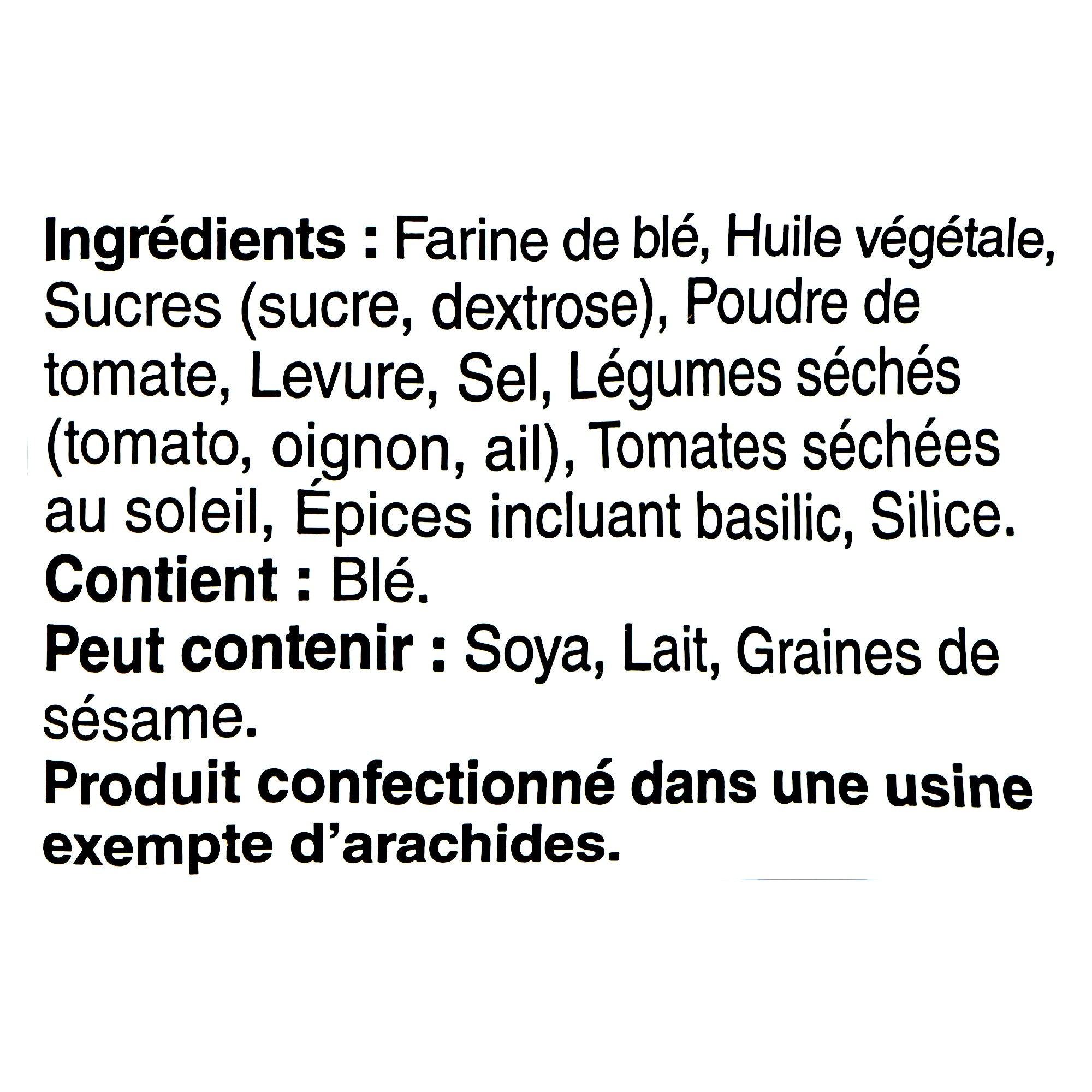 Boulangerie Grissol Baguettes, Tomato & Basil, 120g, ingredients label in French. 