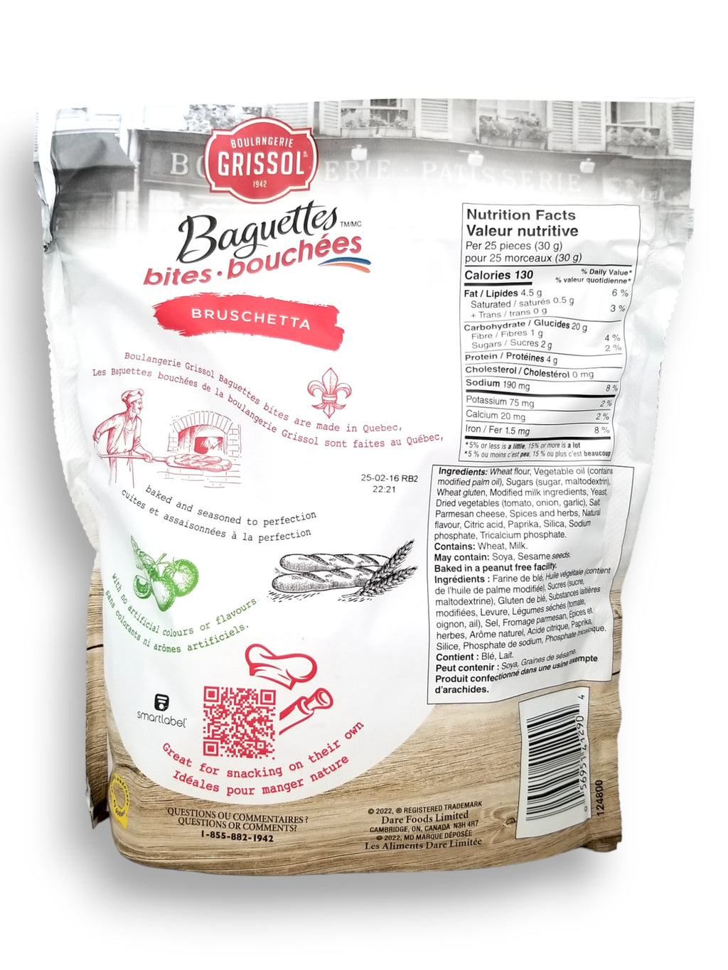 Boulangerie Grissol Baguettes Bites, Bruschetta, 130g, back of bag.