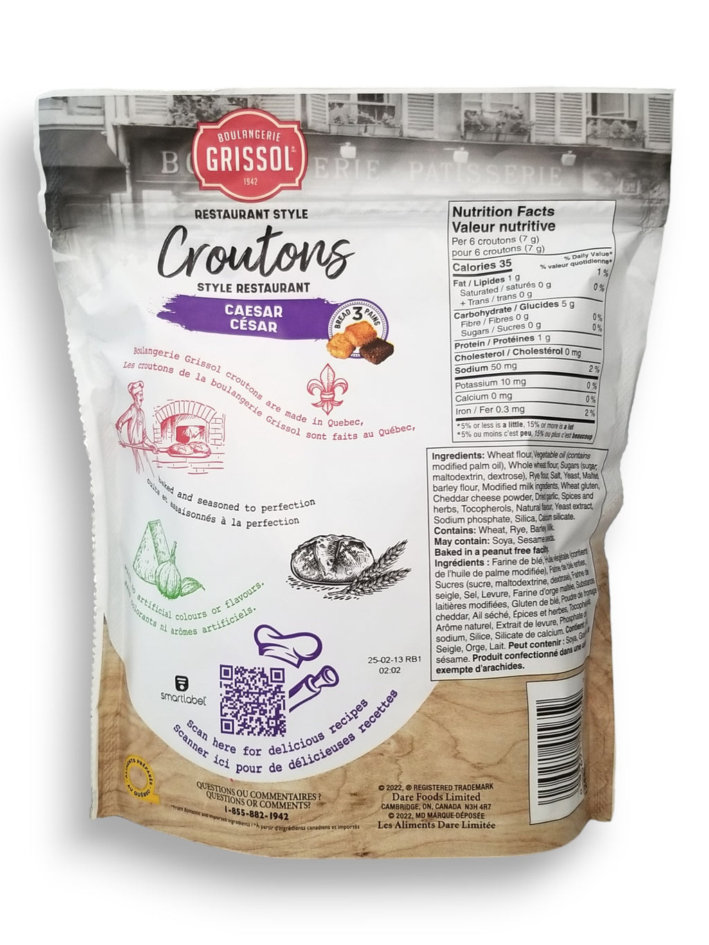 Boulangerie Grissol Croutons, Caesar 135g, back of bag.