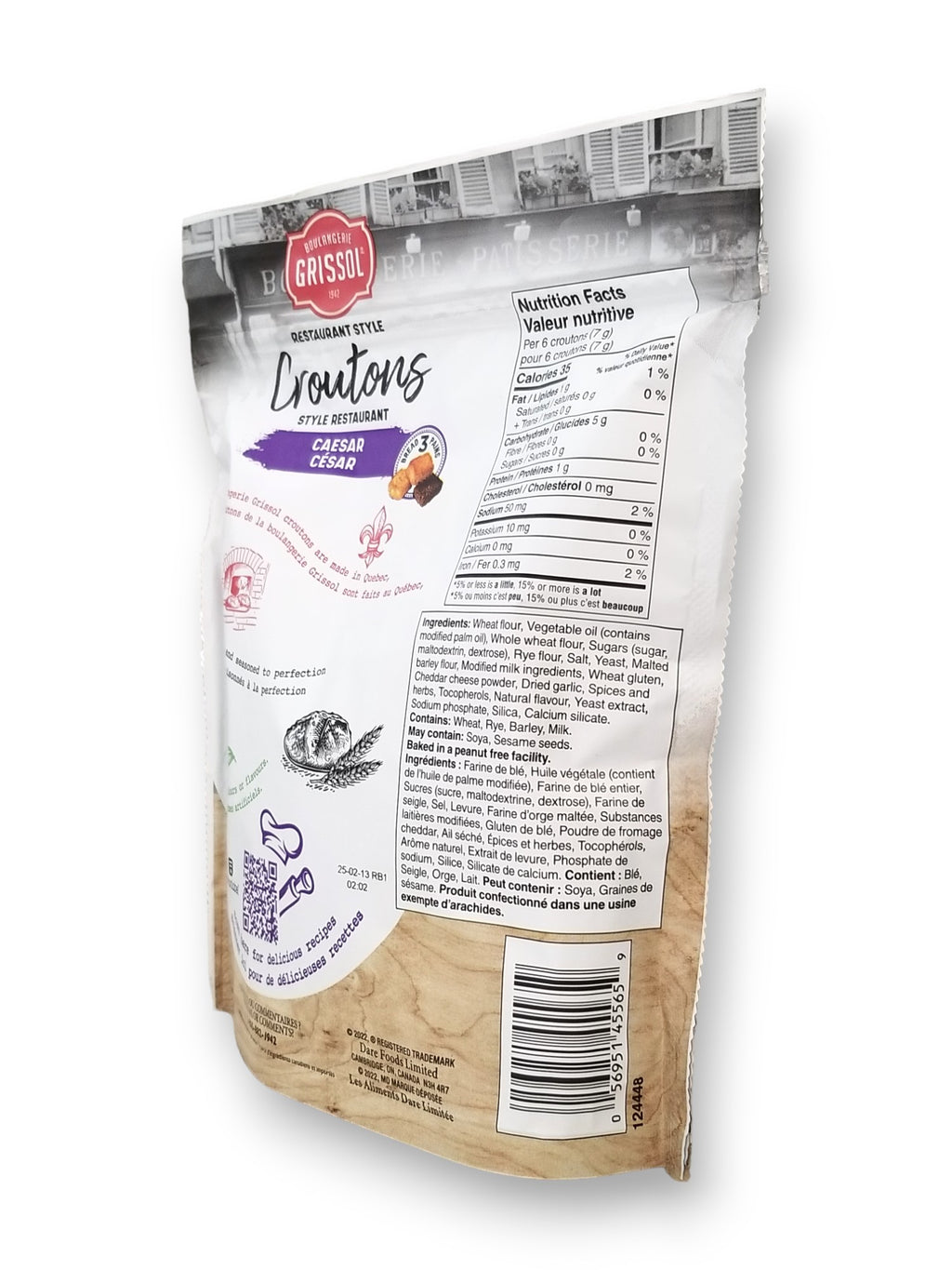 Boulangerie Grissol Croutons, Caesar 135g, side of bag.