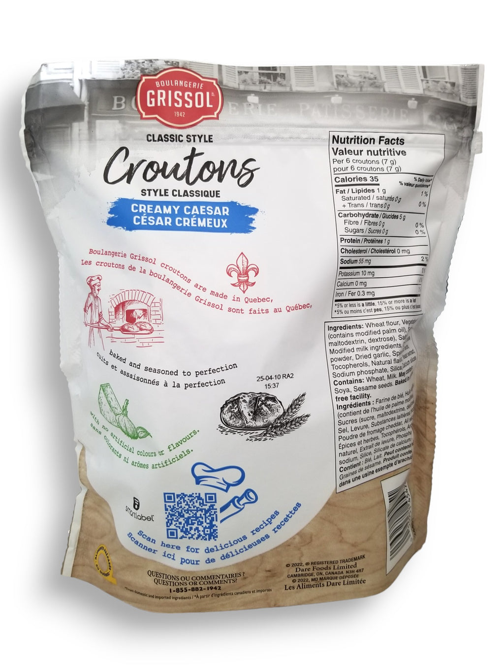 Boulangerie Grissol Croutons, Creamy Caesar 135g, back of bag.