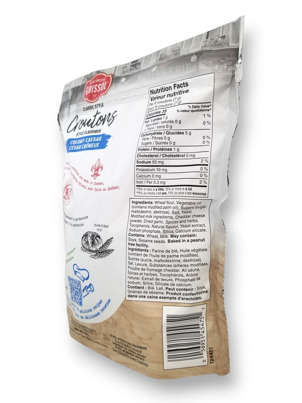 Boulangerie Grissol Croutons, Creamy Caesar 135g, side of bag.