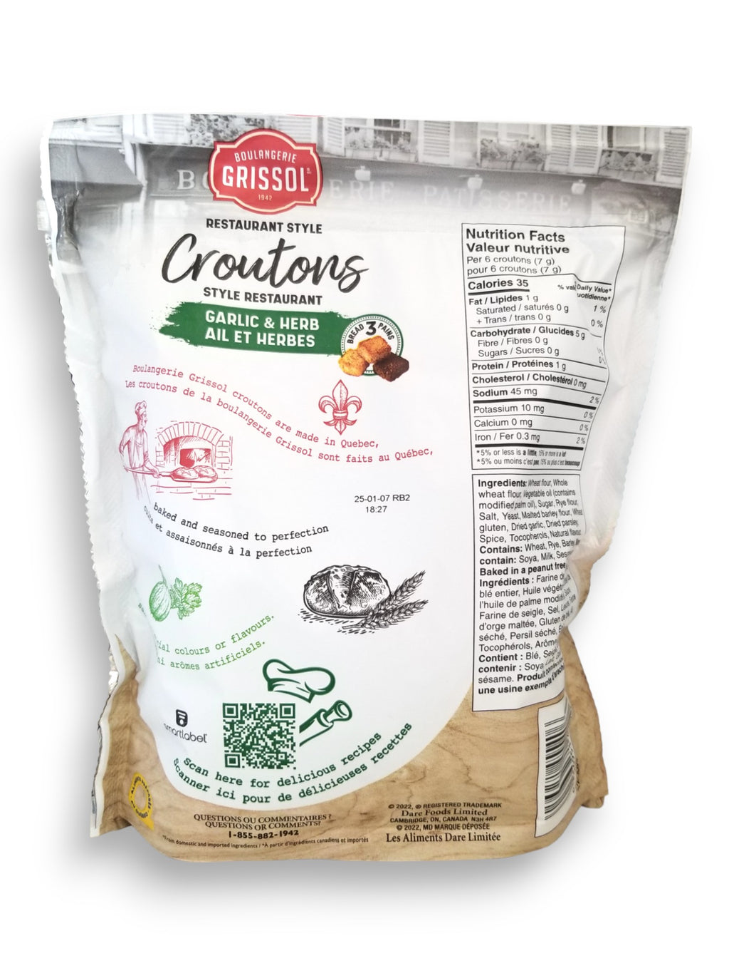 Boulangerie Grissol Croutons, Garlic & Herb 135g, back of bag.