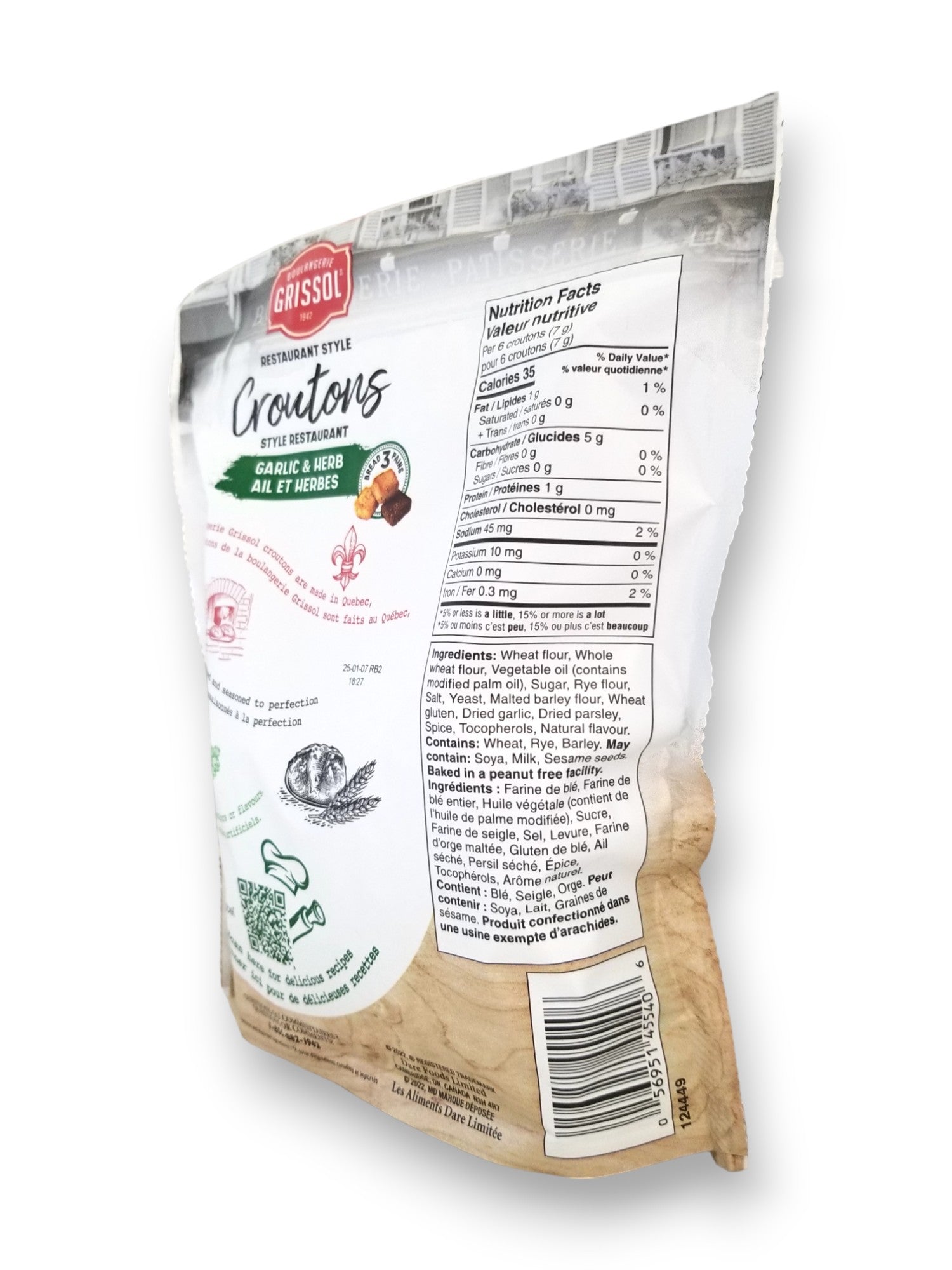 Boulangerie Grissol Croutons, Garlic & Herb 135g, side of bag.