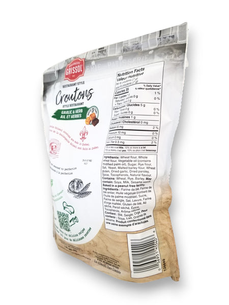 Boulangerie Grissol Croutons, Garlic & Herb 135g, side of bag.
