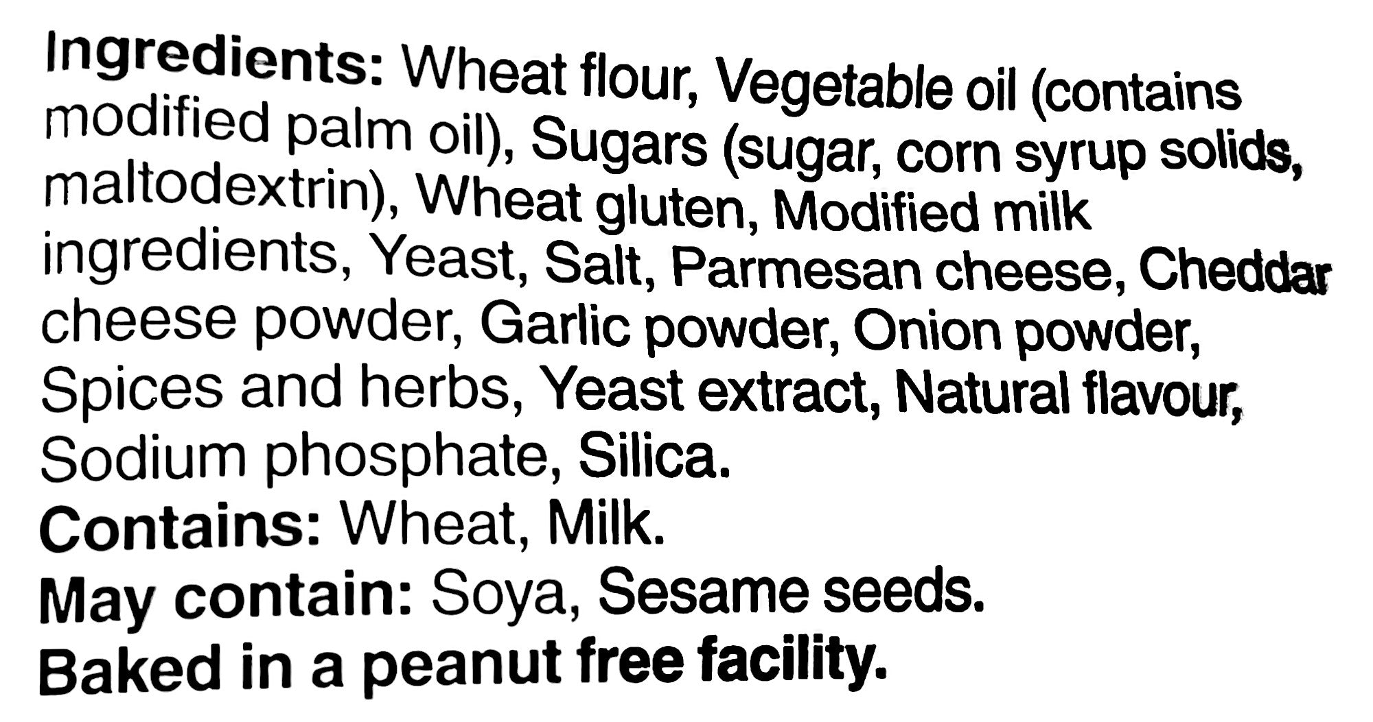 Boulangerie Grissol Baguettes Bites, Garlic Parmesan, 130g, ingredients label.