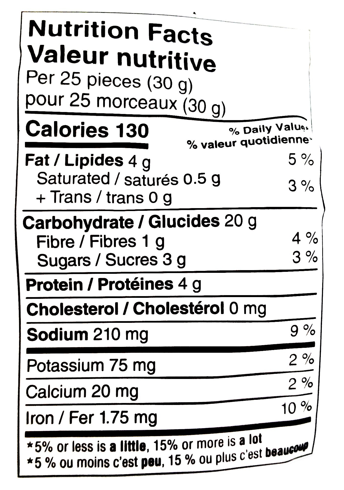 Boulangerie Grissol Baguettes Bites, Garlic Parmesan, 130g, nutrition facts label.