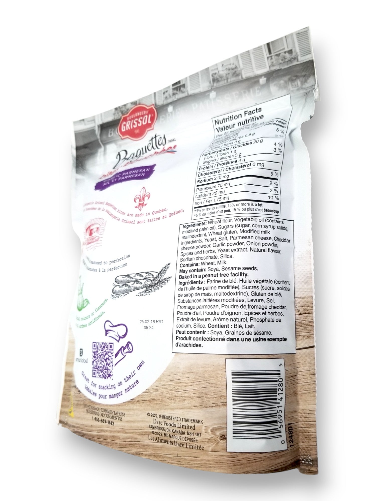 Boulangerie Grissol Baguettes Bites, Garlic Parmesan, 130g, side of bag.