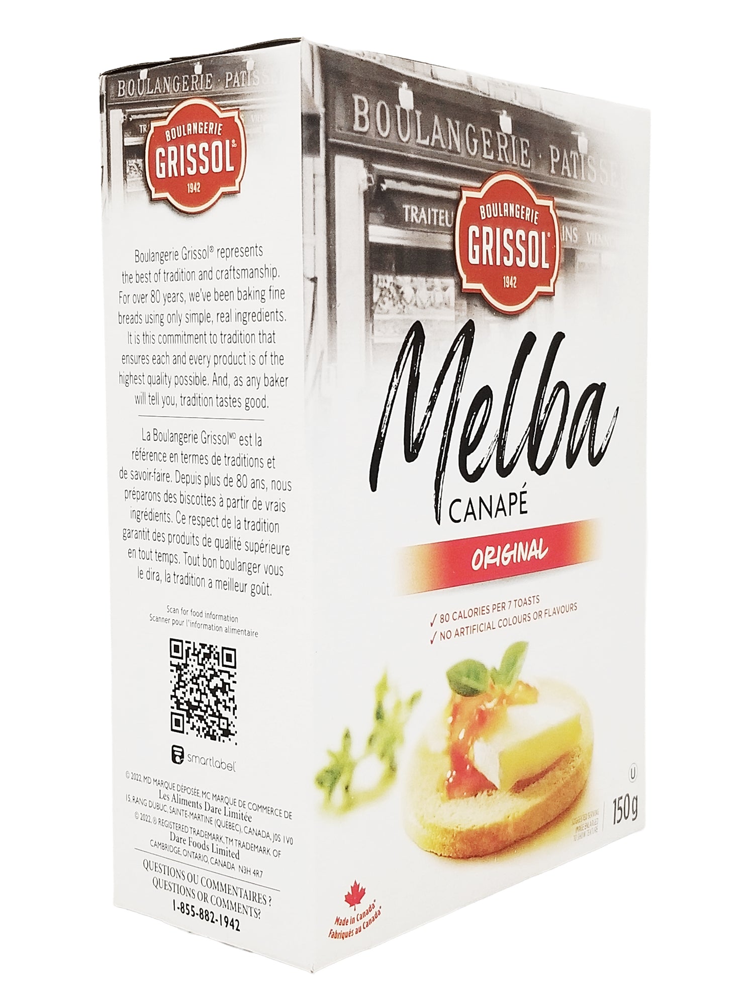Boulangerie Grissol Melba Canape Original - 150g packaging with a visual of a canape on a white background