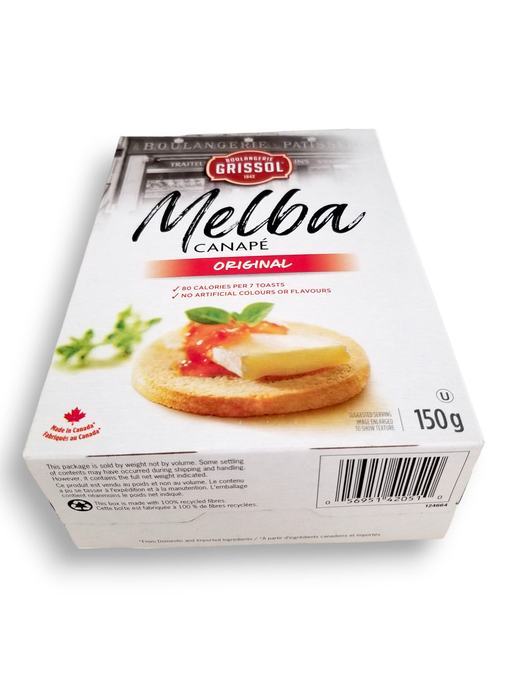 Boulangerie Grissol Melba Canape, Original, 150g, bottom of box with upc.