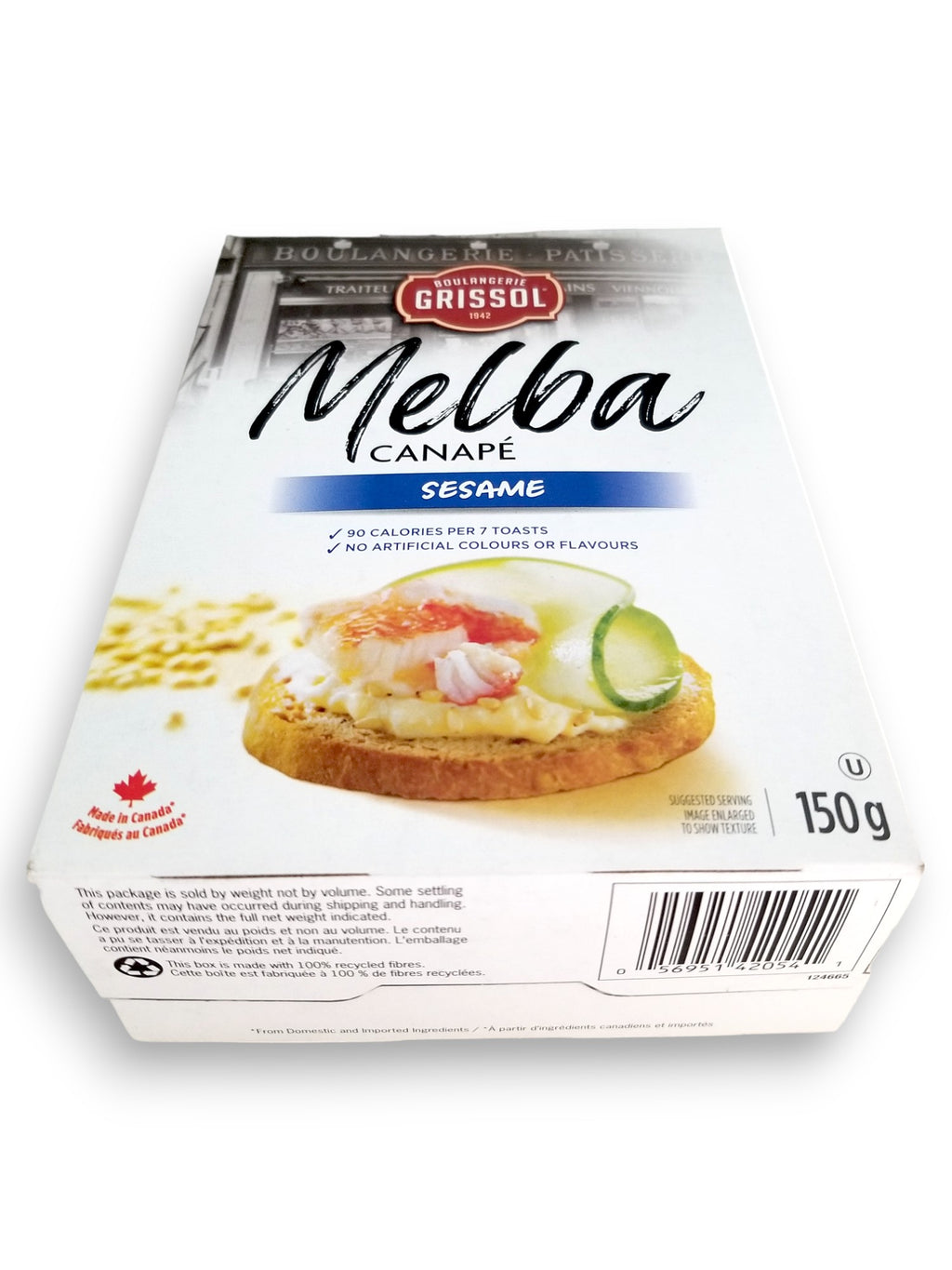 Boulangerie Grissol Melba Canape, Sesame, 150g, bottom of box with upc.