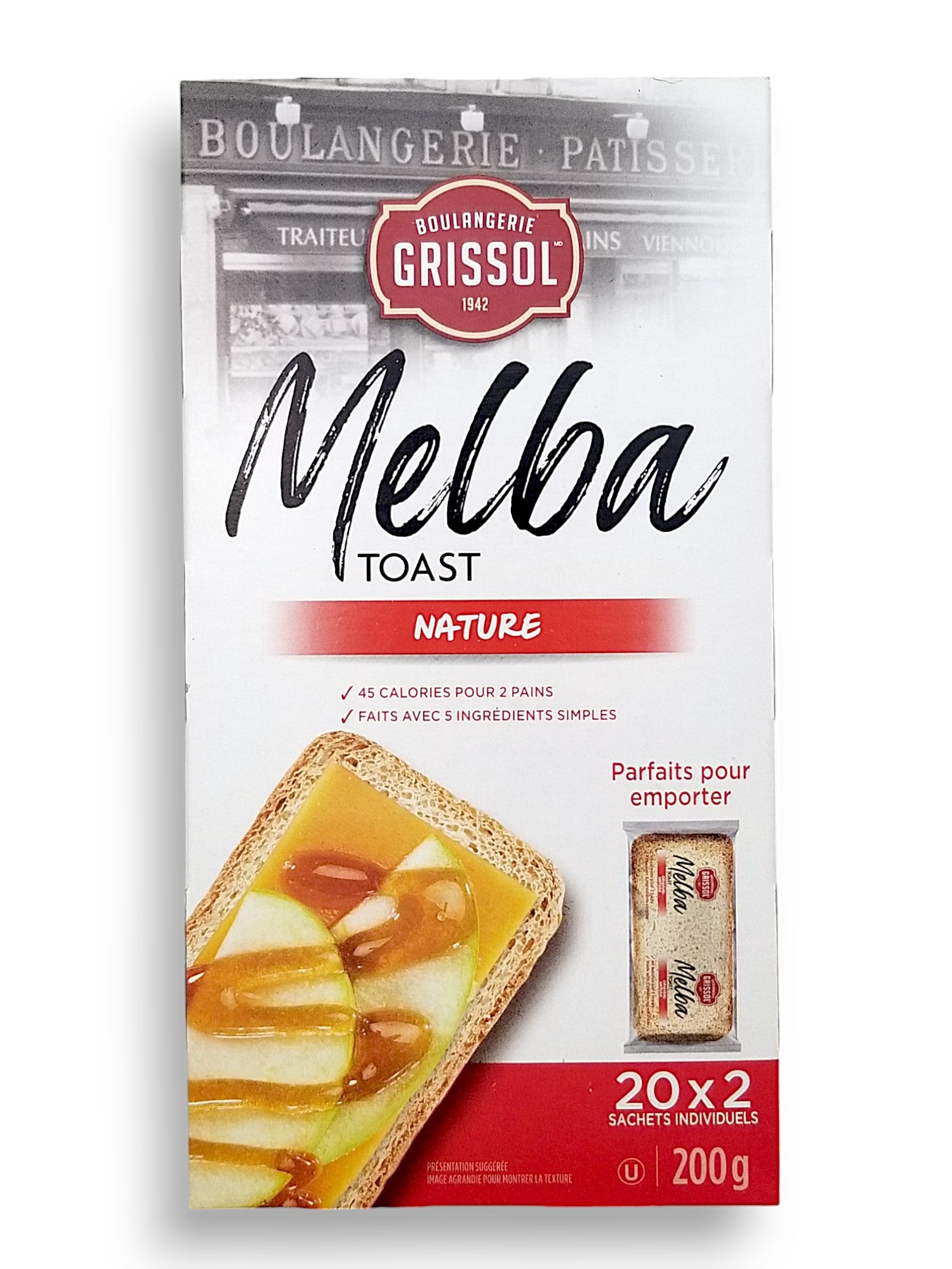 Back of Boulangerie Grissol Melba Toast, Original, Perfect-for-on-the-go (20x2 individual packs), 200g/7.1 oz. Box