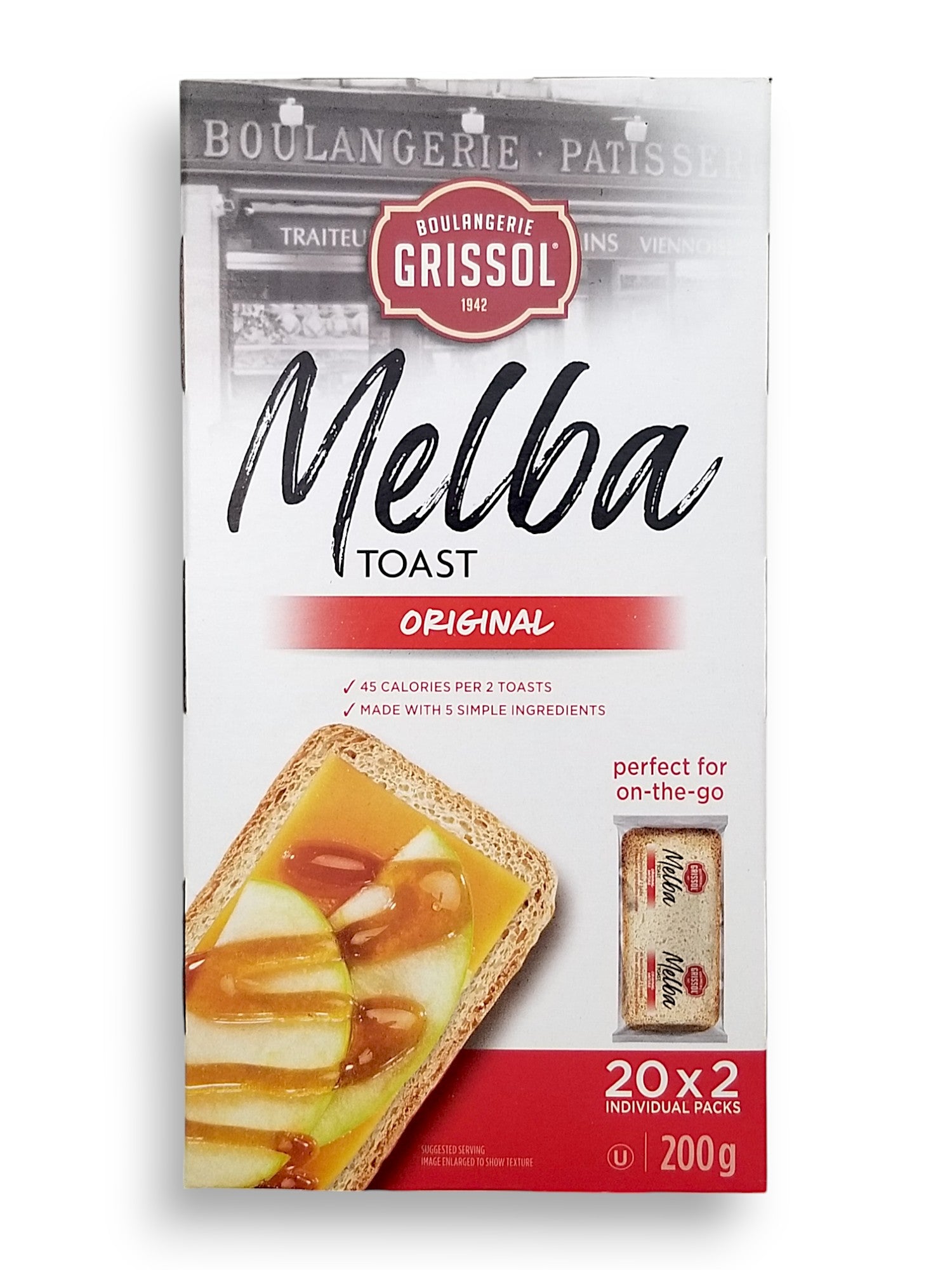 Front of Boulangerie Grissol Melba Toast, Original, Perfect-for-on-the-go (20x2 individual packs), 200g/7.1 oz. Box