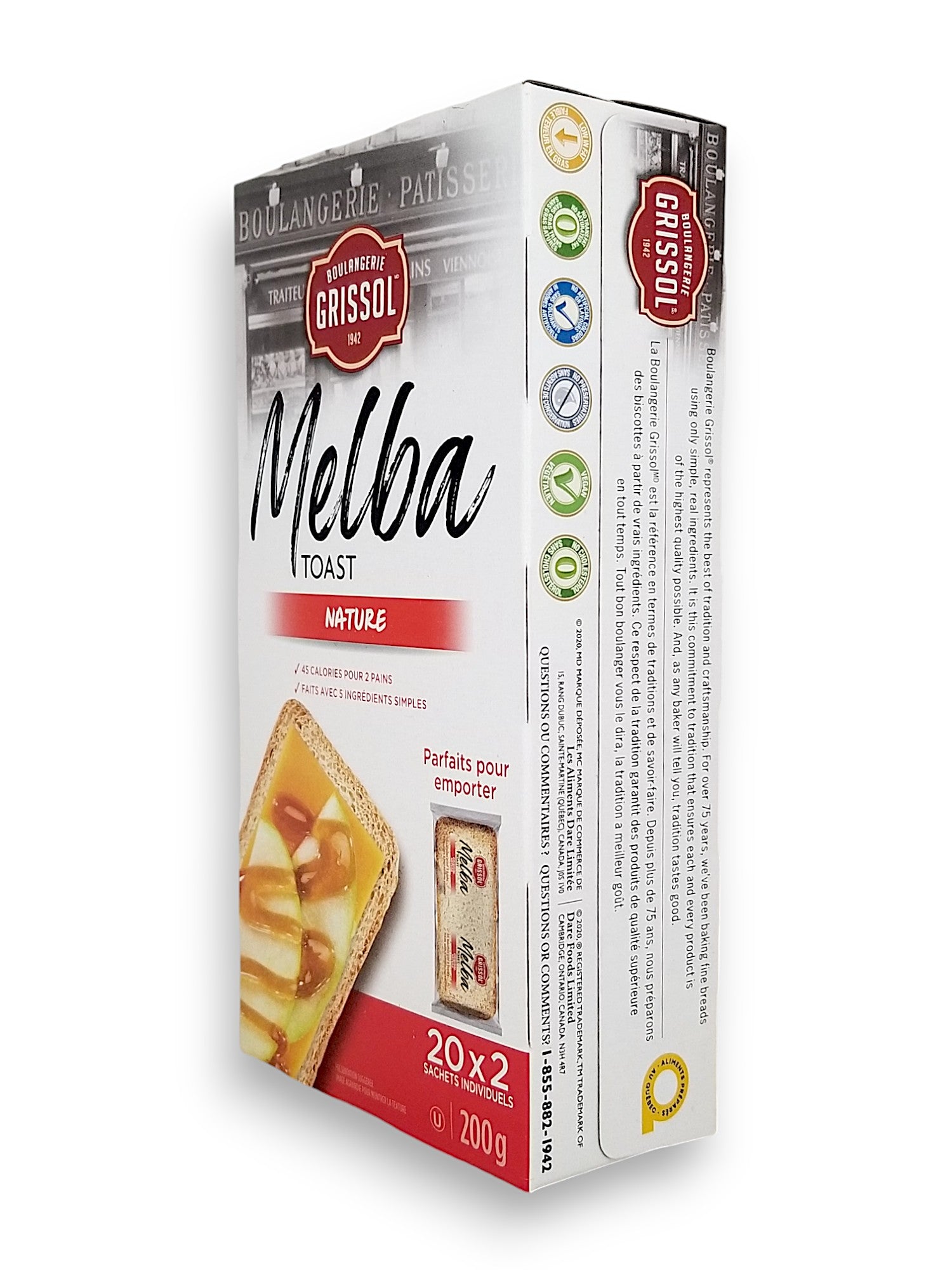 Side of Boulangerie Grissol Melba Toast, Original, Perfect-for-on-the-go (20x2 individual packs), 200g/7.1 oz. Box