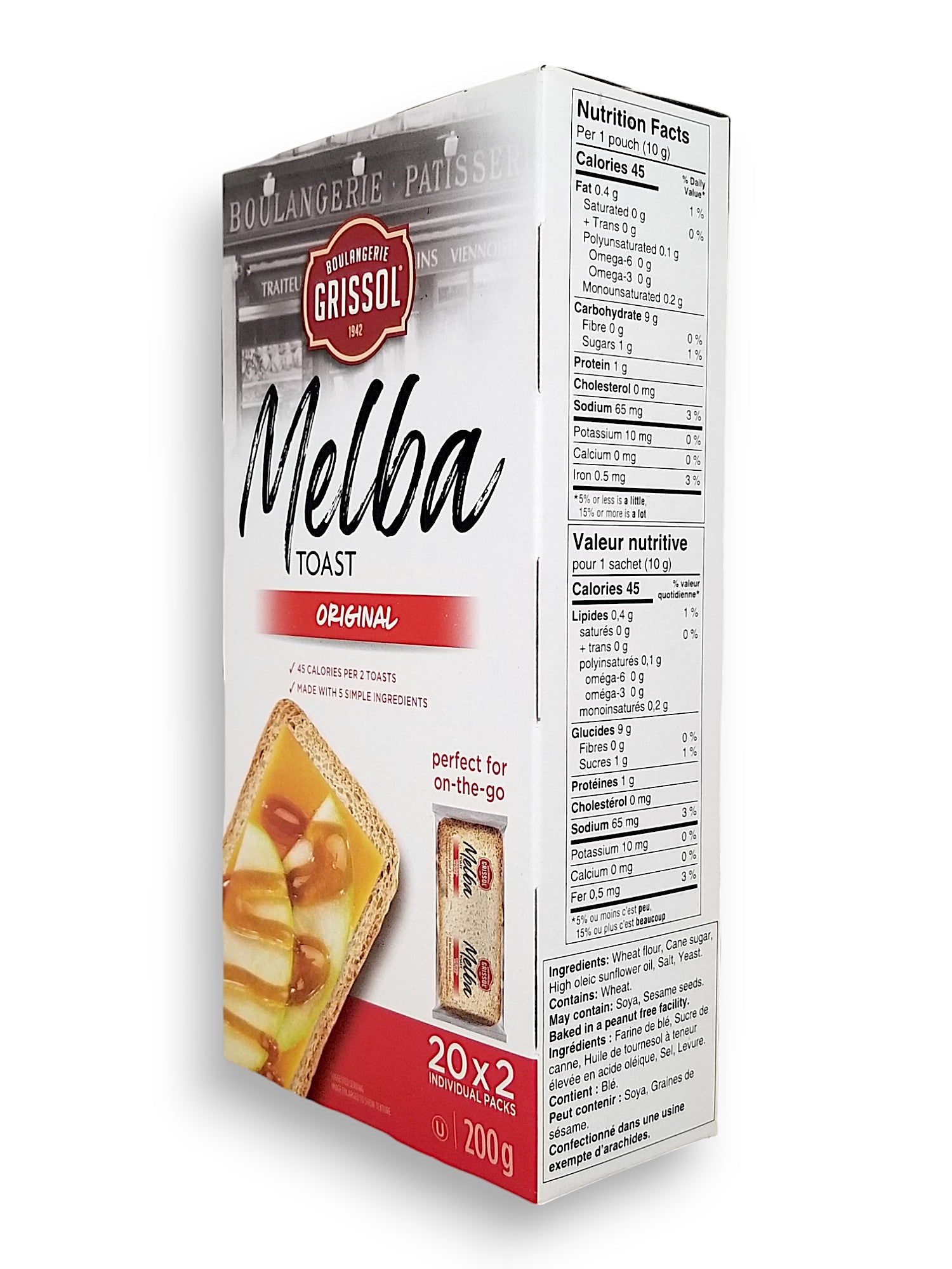 Side of Boulangerie Grissol Melba Toast, Original, Perfect-for-on-the-go (20x2 individual packs), 200g/7.1 oz. Box