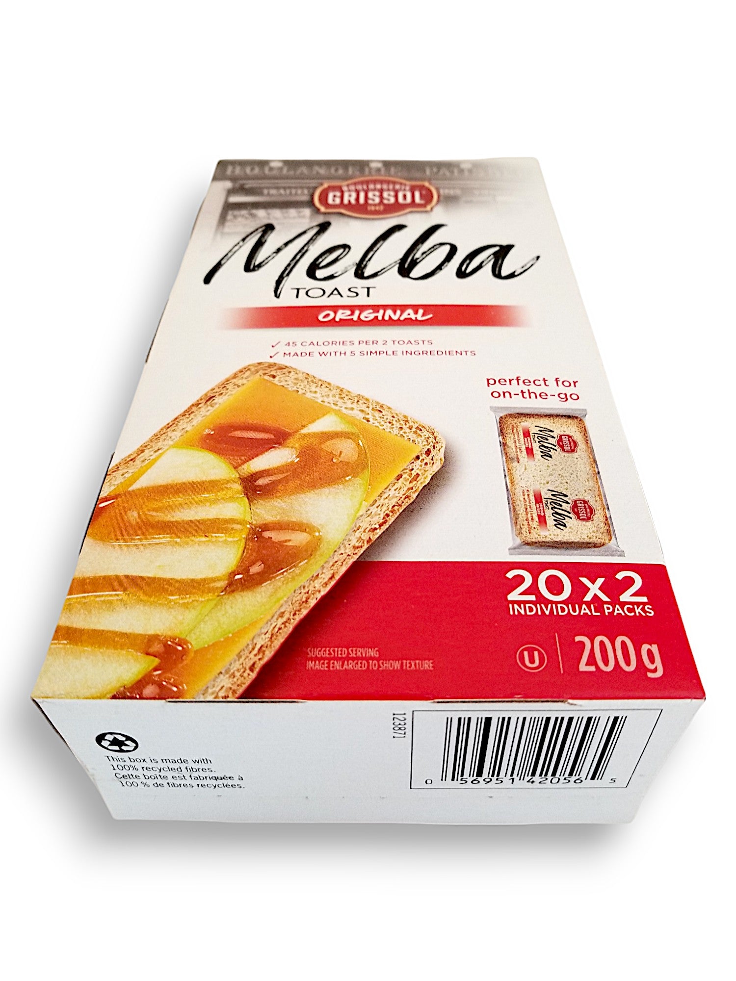 Bottom of Boulangerie Grissol Melba Toast, Original, Perfect-for-on-the-go (20x2 individual packs), 200g/7.1 oz. Box