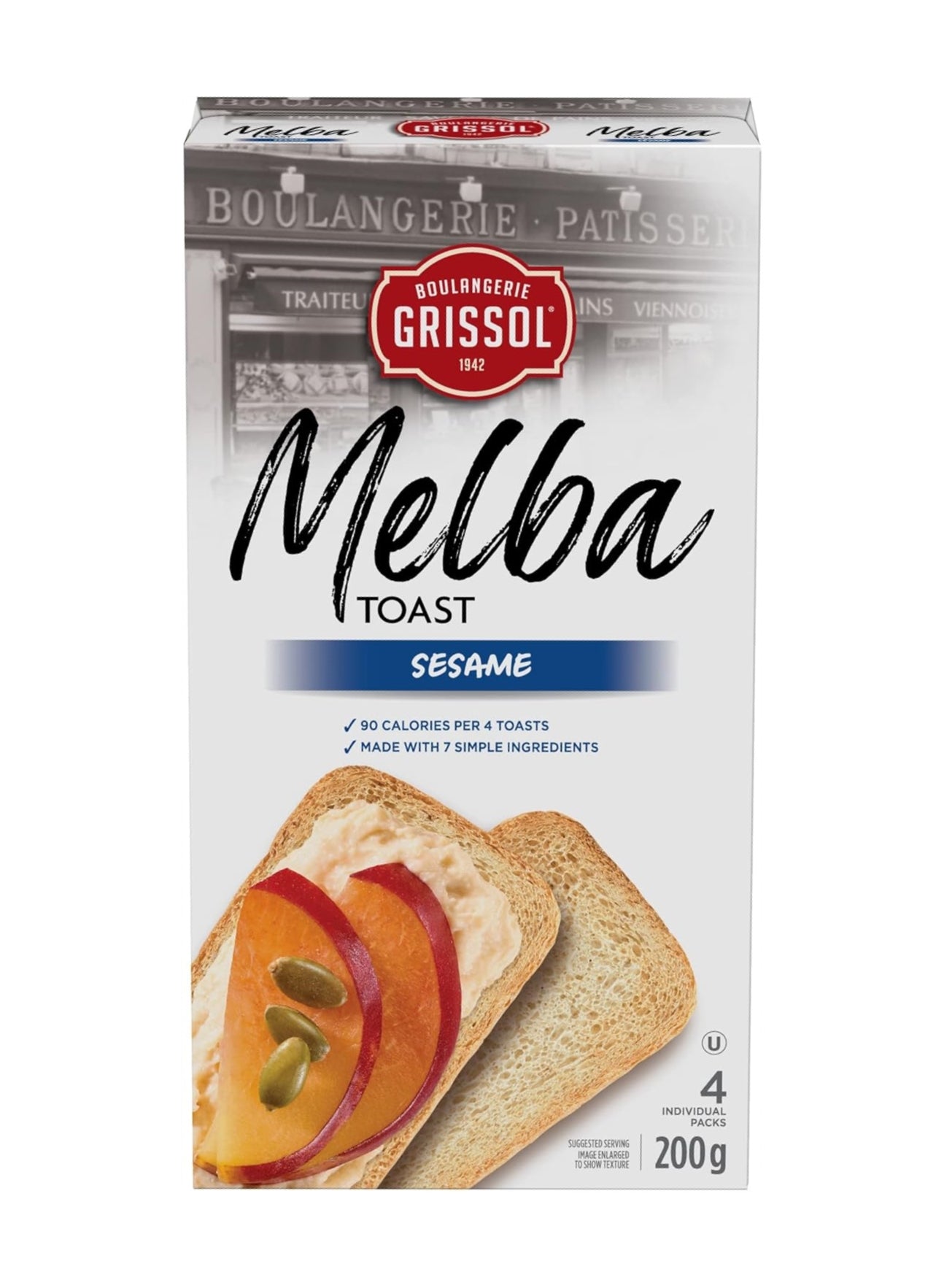 Boulangerie Grissol Melba Toast, Sesame, 200g, front of box.