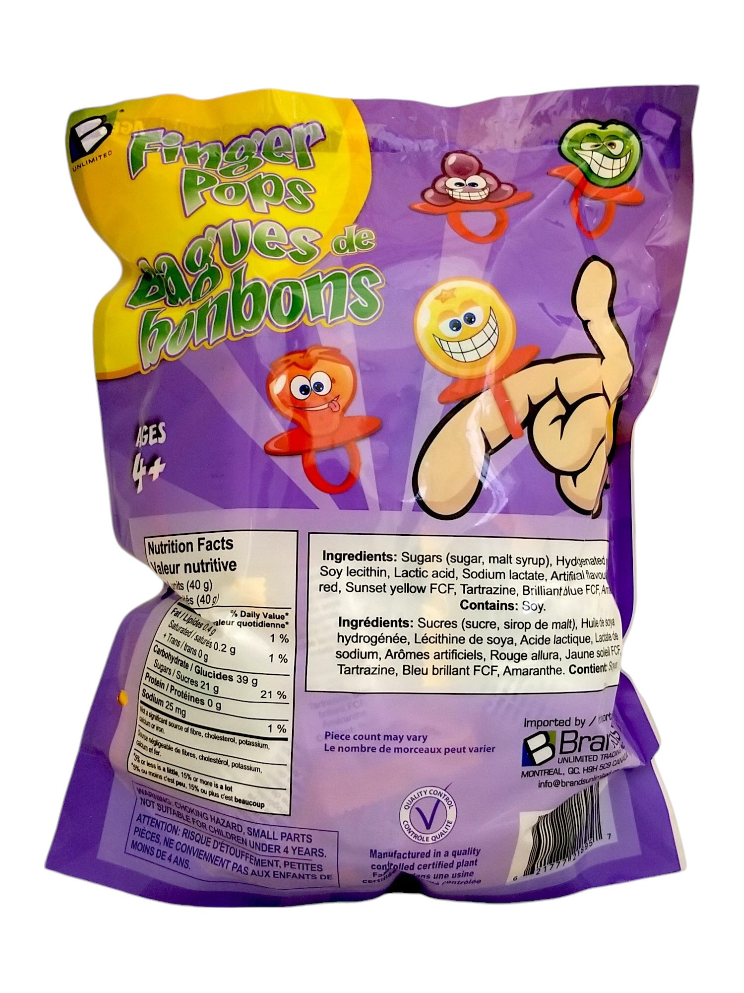 Brands Unlimited Fruit Flavored Finger Pops, 40 pieces, 400g/14.1 oz., Bag, back of bag