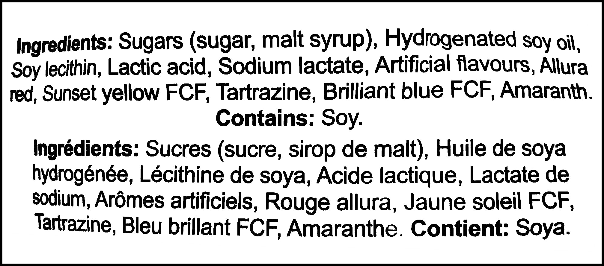 Brands Unlimited Fruit Flavored Finger Pops, 40 pieces, 400g/14.1 oz., Bag, ingredients label