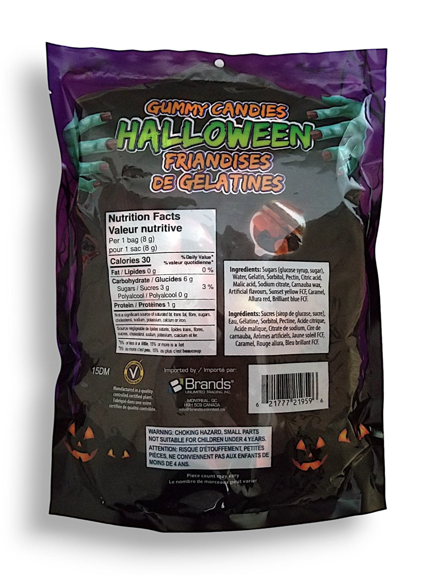 Brands Unlimited Halloween Gummy Candies, 40 pieces, 320g/11.3 oz., Bag, back of bag