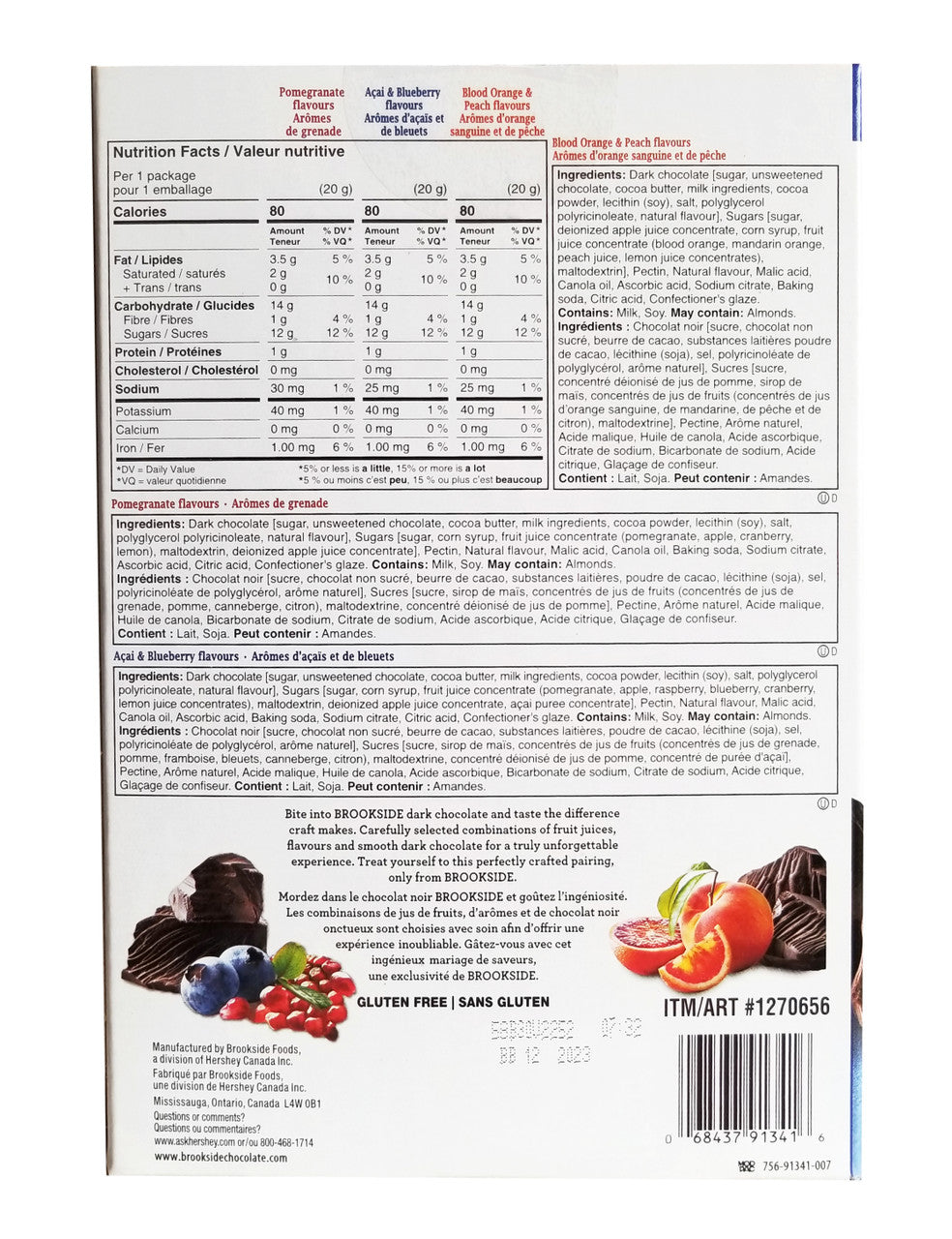 Brookside Dark Chocolate Variety Pack, Pomegranate, Acai & Blueberry, Blood Orange & Peach, 800g/1.75 lb Box Back Side