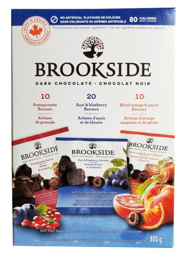 Brookside Dark Chocolate Variety Pack, Pomegranate, Acai & Blueberry, Blood Orange & Peach, 800g/1.75 lb Box Front Side