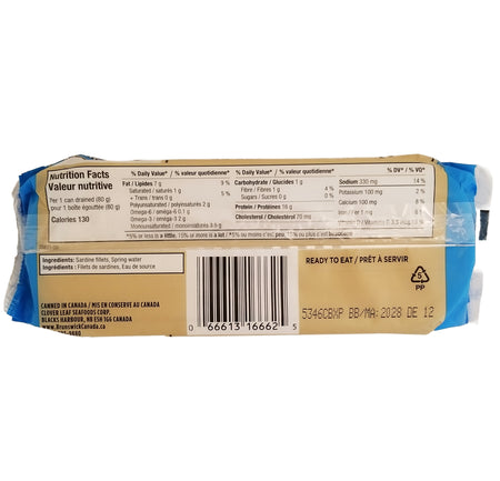 Brunswick Sardines in Spring Water 100g (3.5oz) can back panel