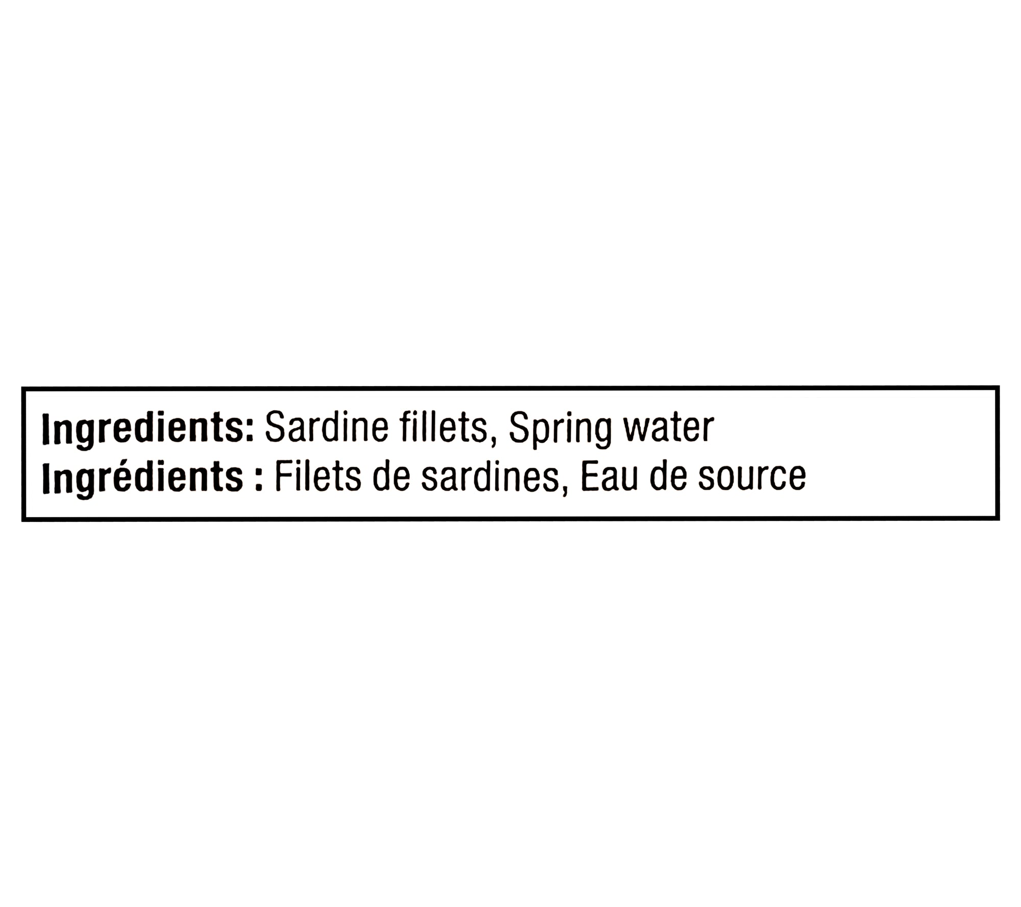 Brunswick Sardines in Spring Water 100g ingredients label — no salt added, wild-caught sardines