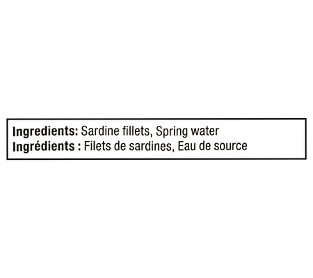 Brunswick Sardines in Spring Water 100g ingredients label — no salt added, wild-caught sardines