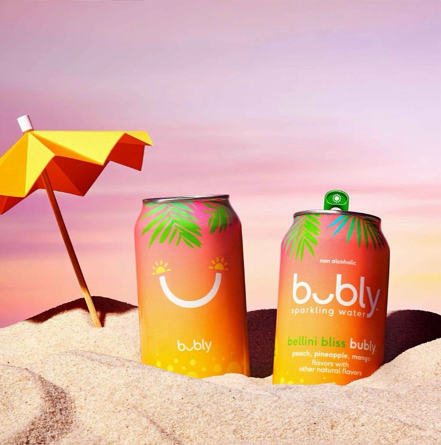 Bubly Peach Pineapple Mango Sparkling Water cans at the beach, zero calorie flavored water