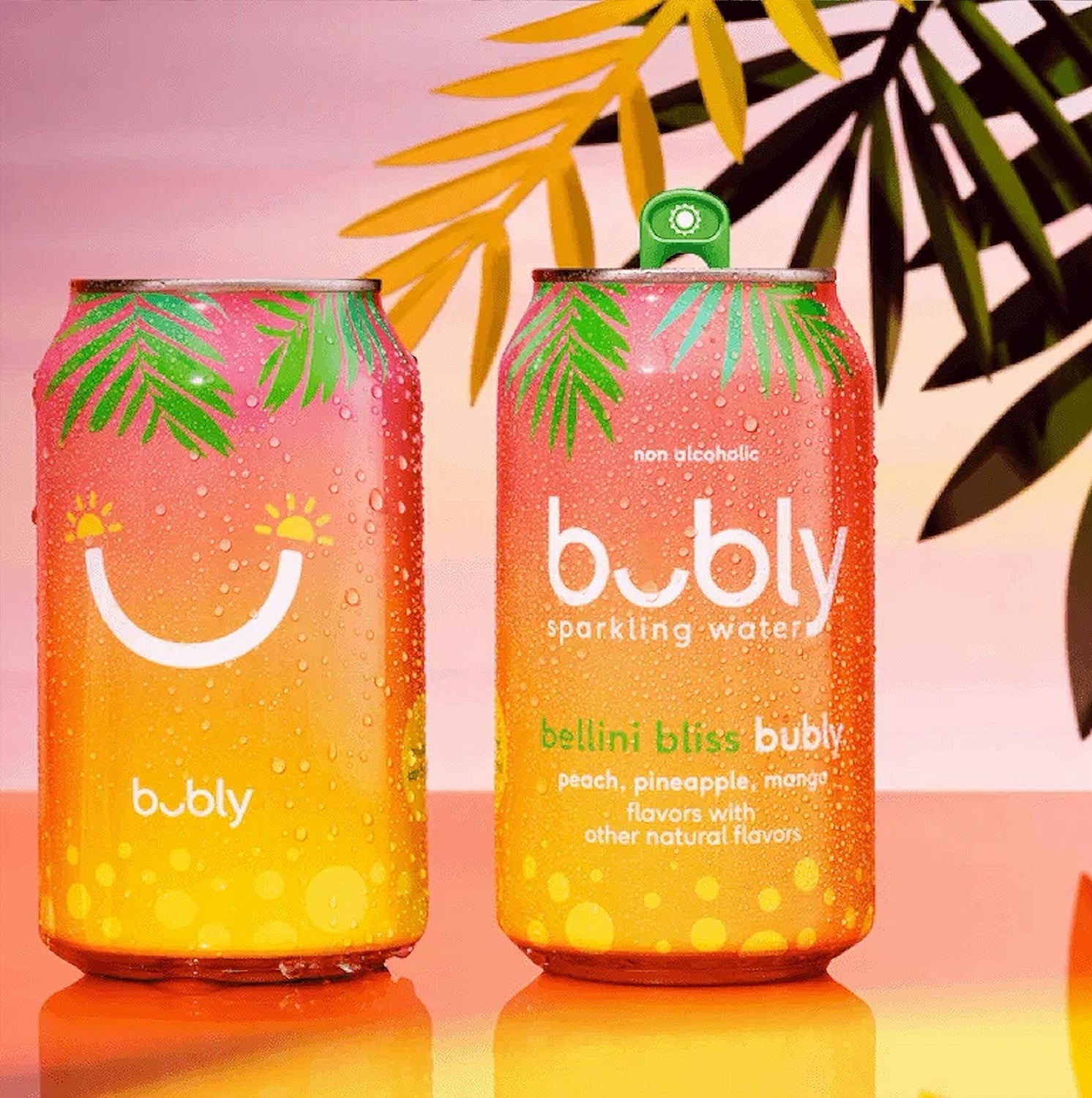 Bubly Peach Pineapple Mango Sparkling Water, two cans, tropical fruit flavor