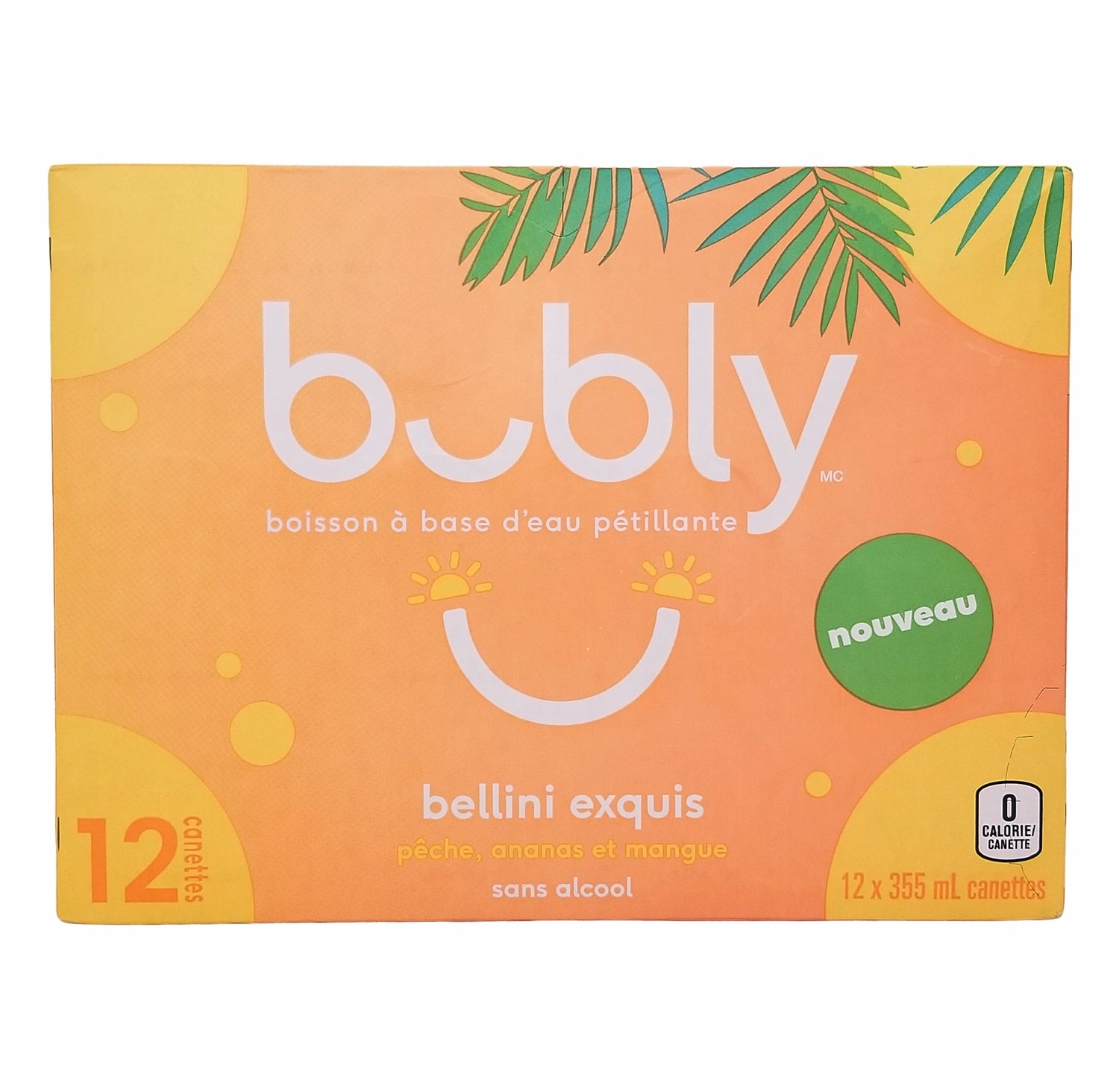 Bubly Peach Pineapple Mango Sparkling Water, 12x355mL cans, back of package