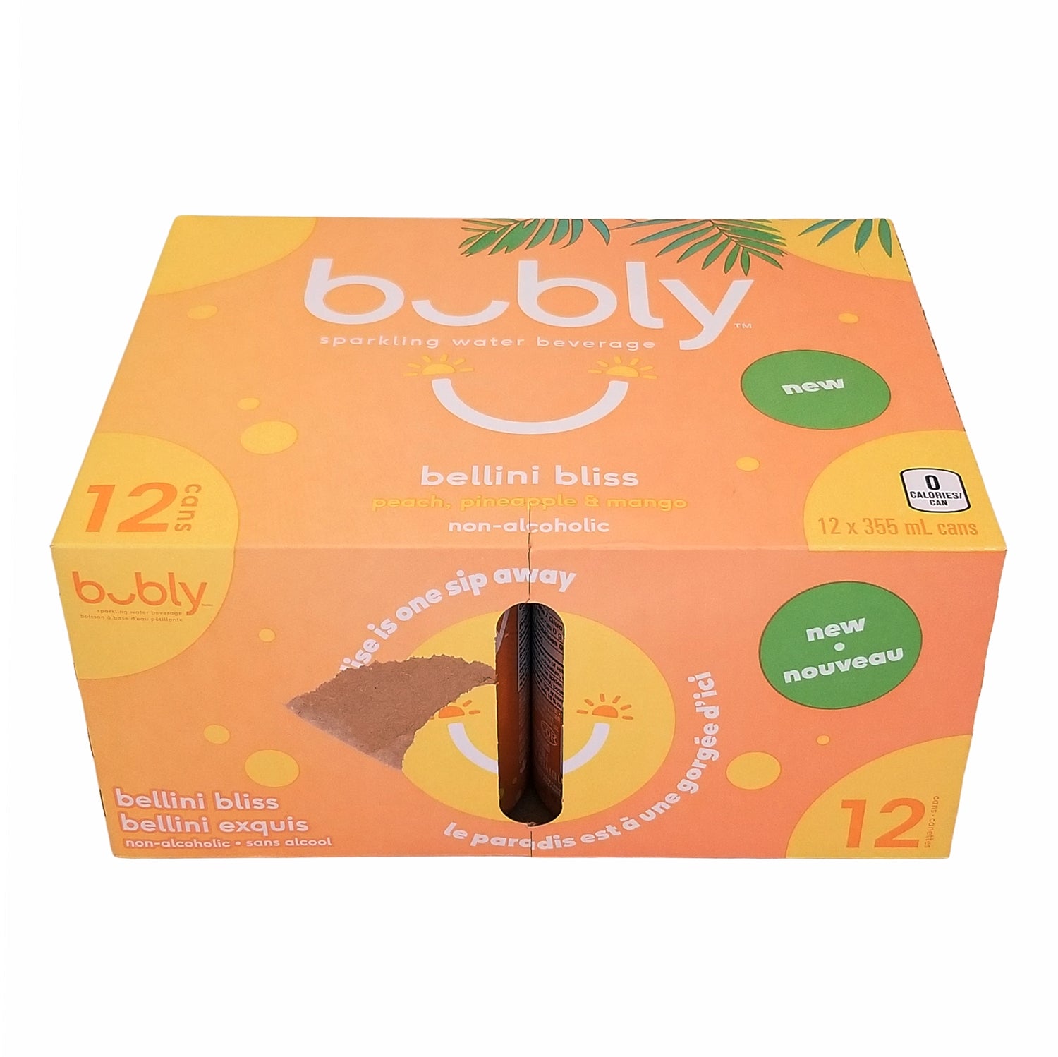 Bubly Peach Pineapple Mango Sparkling Water, 12x355mL cans, top-down view