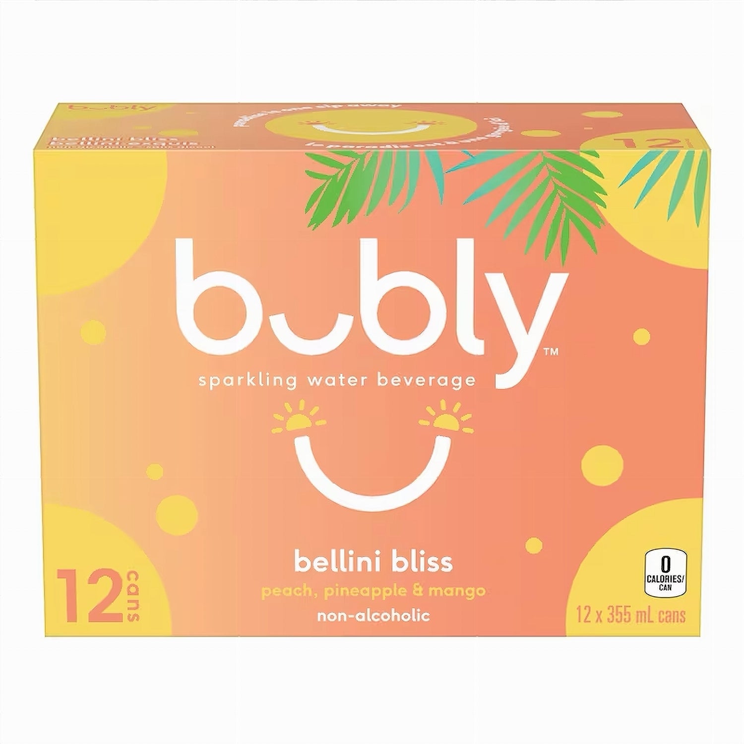 Bubly Peach Pineapple Mango Sparkling Water, 12x355mL cans, zero calorie, front of package