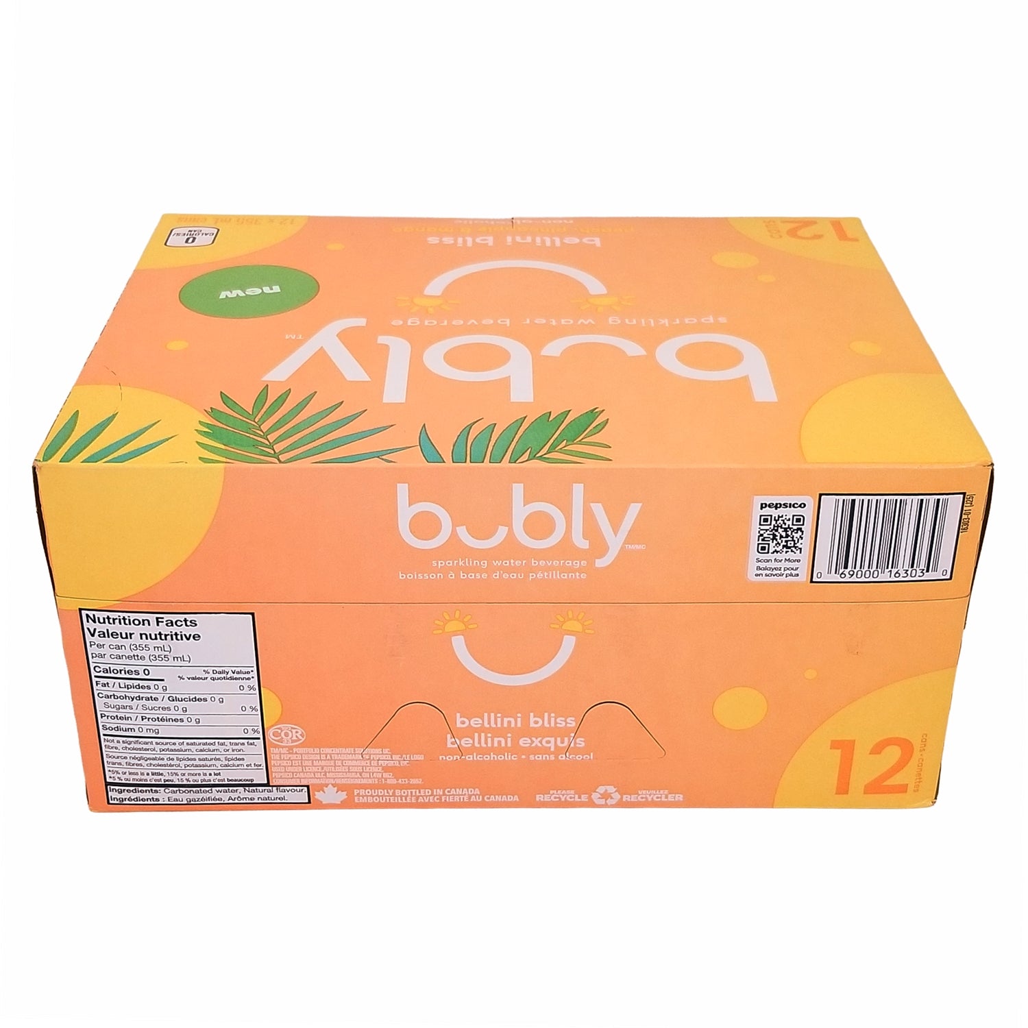 Bubly Peach Pineapple Mango Sparkling Water, 12x355mL cans, side of package